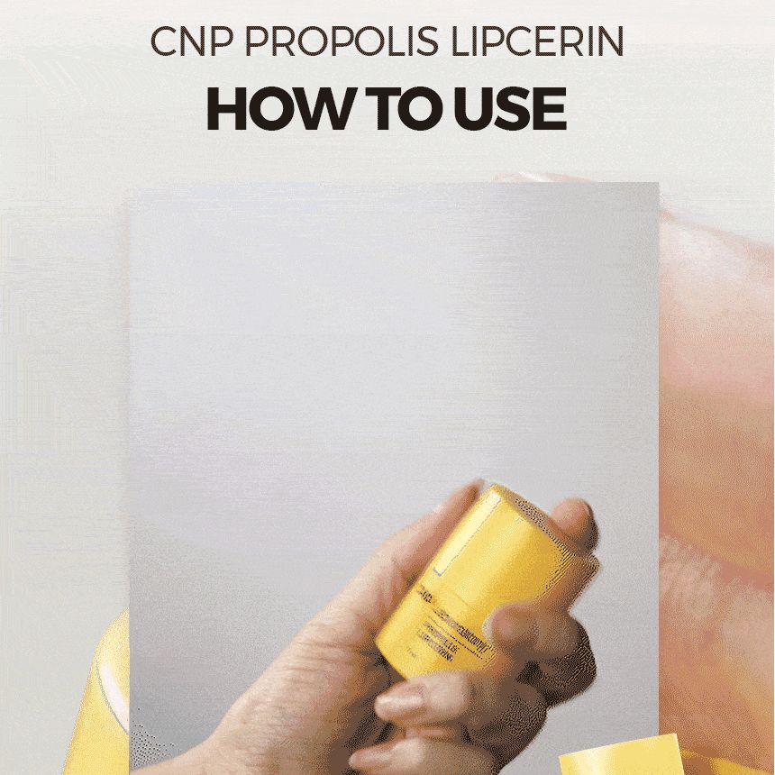 Main tenant un baume à lèvres jaune. Texte: CNP PROPOLIS LIPCERIN HOW TO USE.