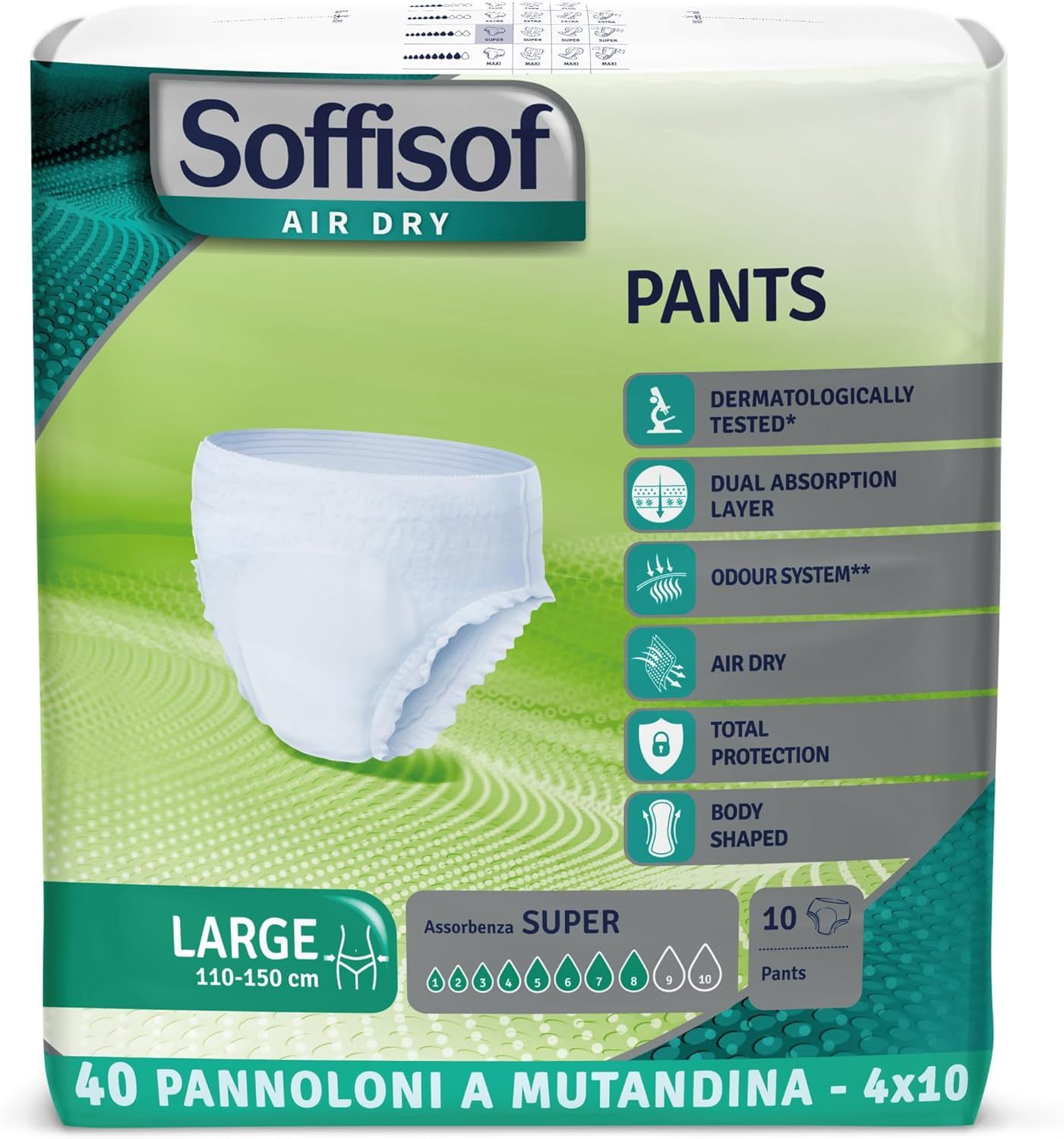 Verpakking Soffisof Pants Super, maat Large. Bevat 10 Pants. Opschriften: Air Dry, dermatologisch getest.