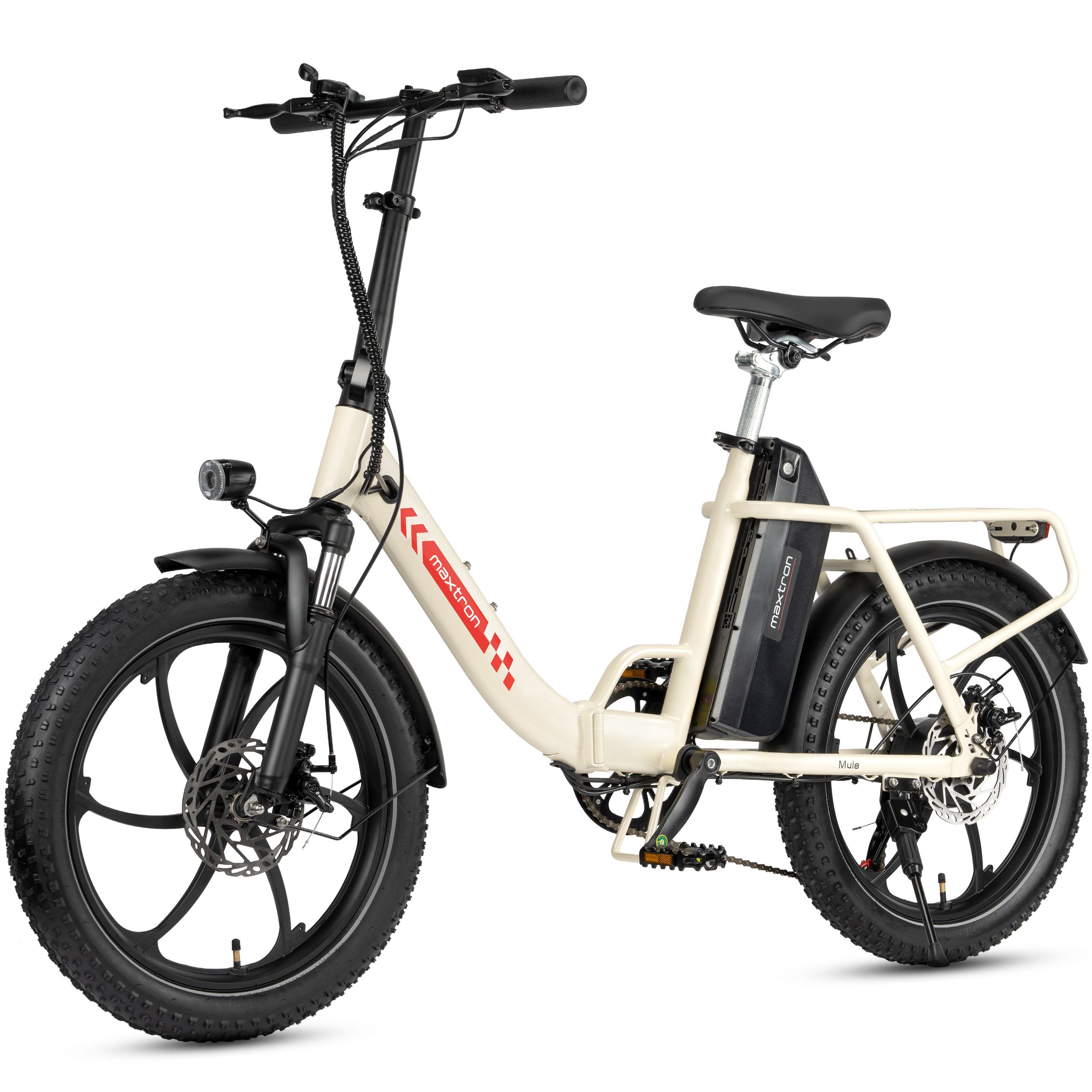 Vélo électrique pliant crème, pneus noirs, logo Maxtron. Porte-bagages, batterie, phare.