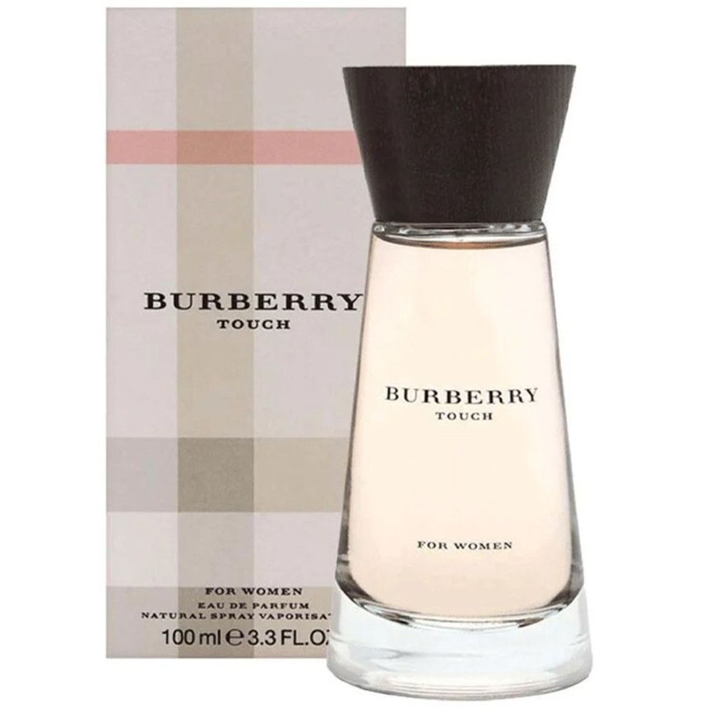 Flacon et emballage Burberry Touch for Women. Flacon avec bouchon noir, emballage à motif à carreaux.