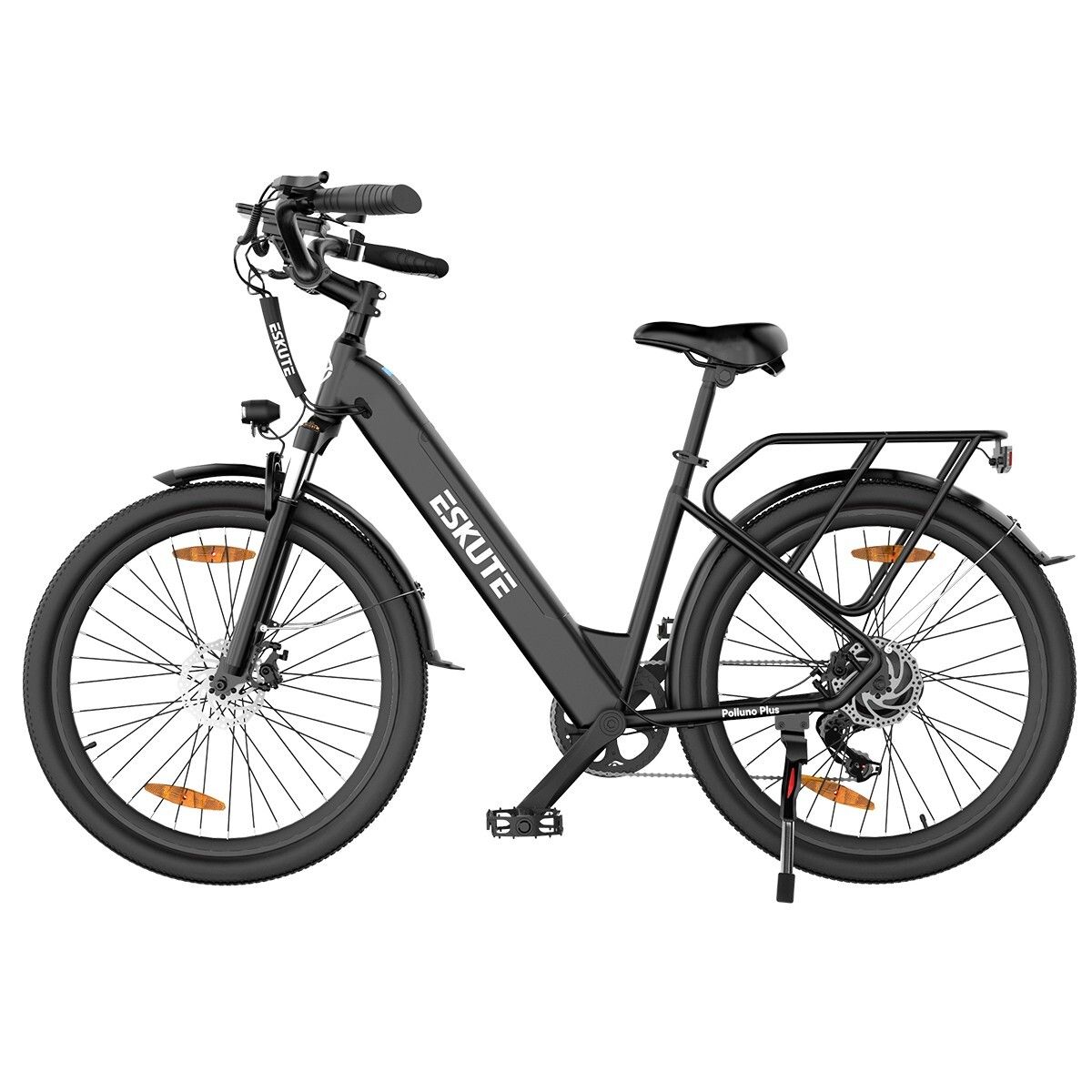 Vélo électrique ESKUTE Polluno Plus noir. Porte-bagages, garde-boue, phares et feux arrière. Batterie 36V 20Ah.