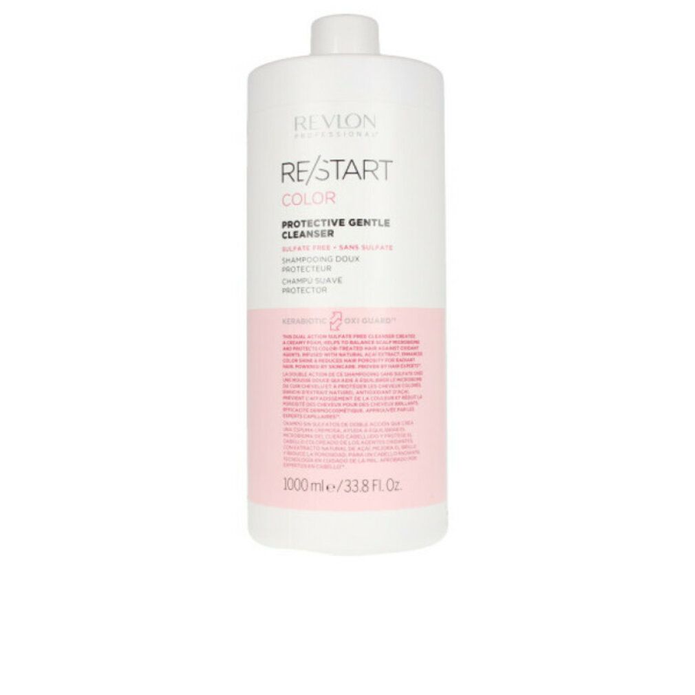 Flacon blanc avec étiquette rose. Inscription: Revlon, Re/Start Color, Protective Gentle Cleanser. 1000 ml.
