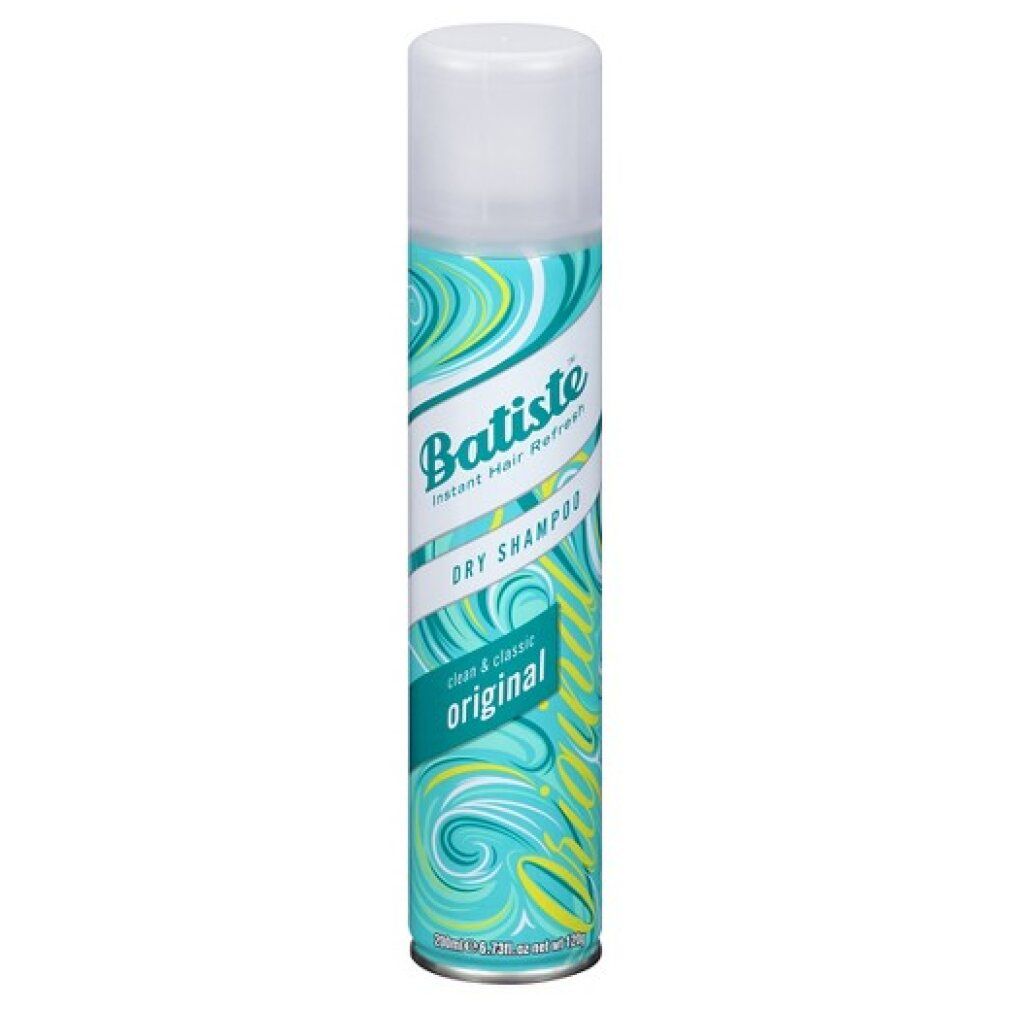 Bombe cylindrique avec bouchon blanc. Inscription: Batiste Dry Shampoo, Original. Motif turquoise et jaune. Texte multilingue.
