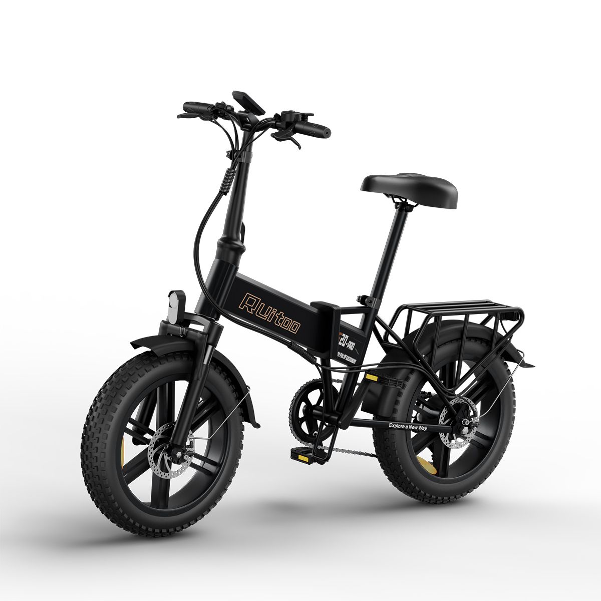 Vélo pliant noir avec porte-bagages. Pneus, selle et guidon noirs. Le vélo porte l'inscription "Ruitoo".