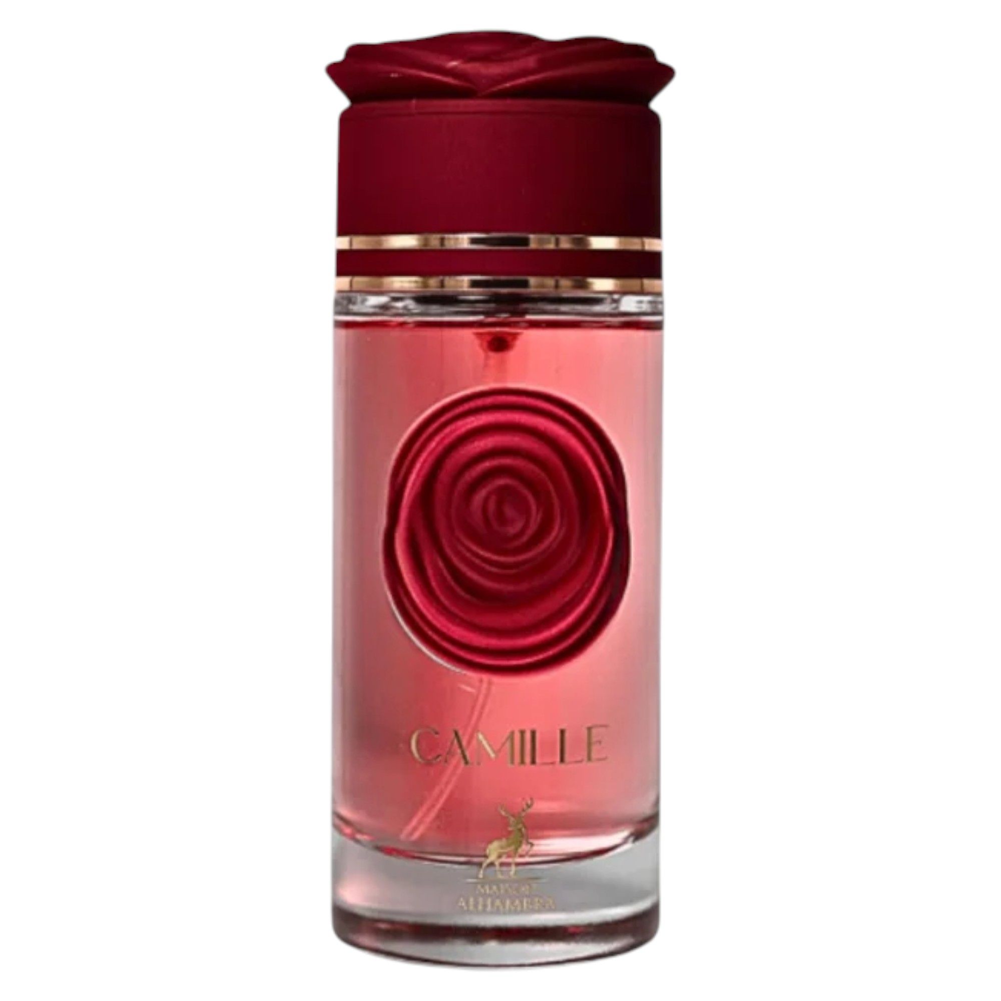 Flacon de parfum avec bouchon rouge en forme de rose. Le mot "Camille" est visible.