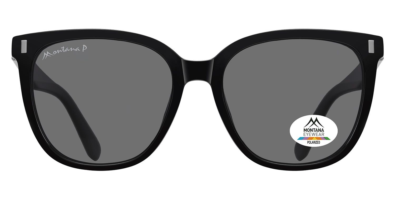 Lunettes de soleil noires avec verres gris. Logo Montana Eyewear sur la branche et le verre. Verre polarisé.