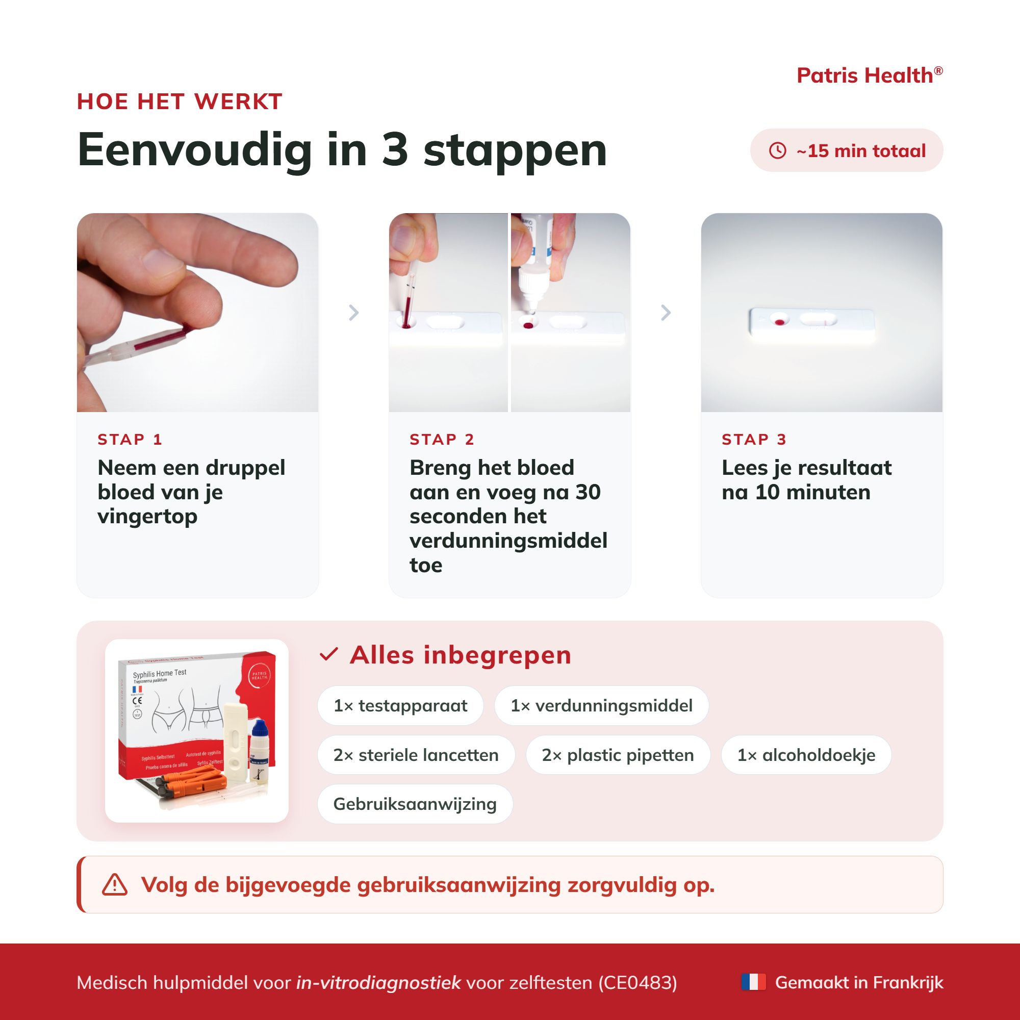 Nederlandse versie van de stappen voor het uitvoeren van een Syphilis zelftest.