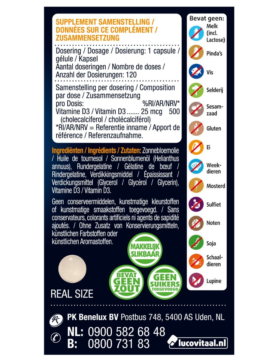 Achterkant van de verpakking van Lucovitaal Vitamine D3. Bevat informatie over ingrediënten en dosering.