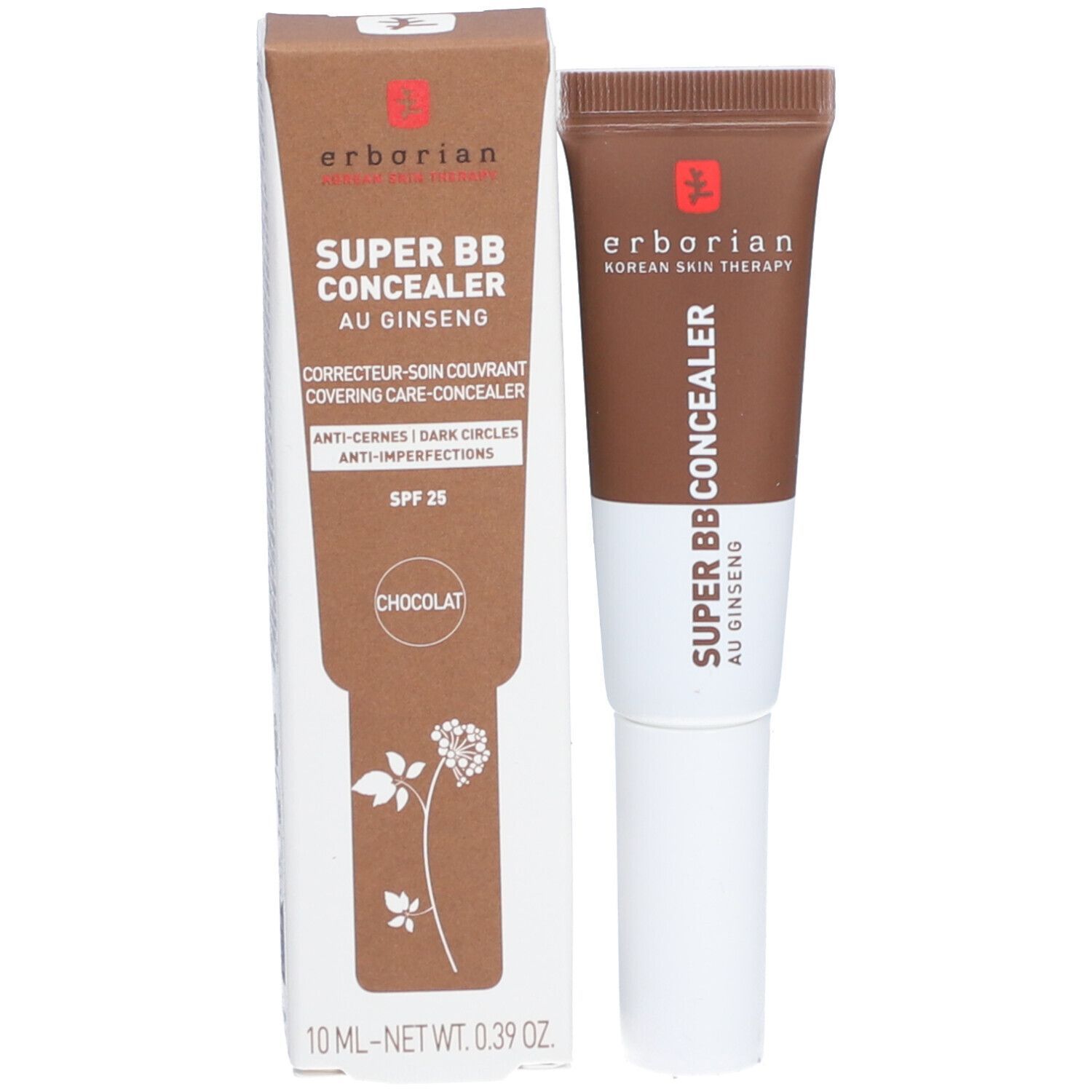 SUPER BB CONCEALER CHOCOLAT et emballage. Marque : Erborian. Texte : SUPER BB CONCEALER AU GINSENG, CORRECTEUR-SOIN COUVRANT, SPF 25.