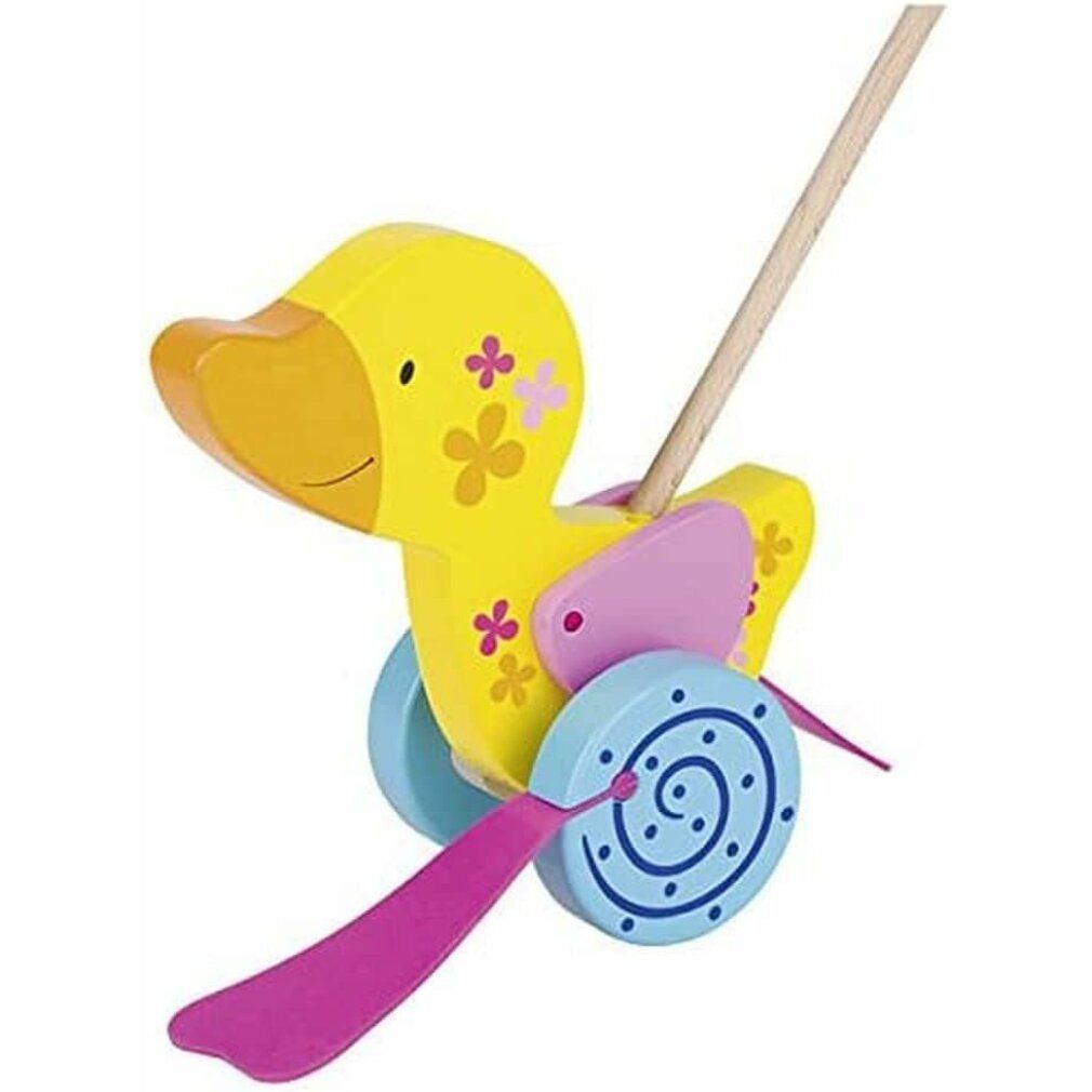 Gele eend met wielen en stok. Roze vleugels en propeller. Blauwe wielen met spiraalpatroon. Houten speelgoed.