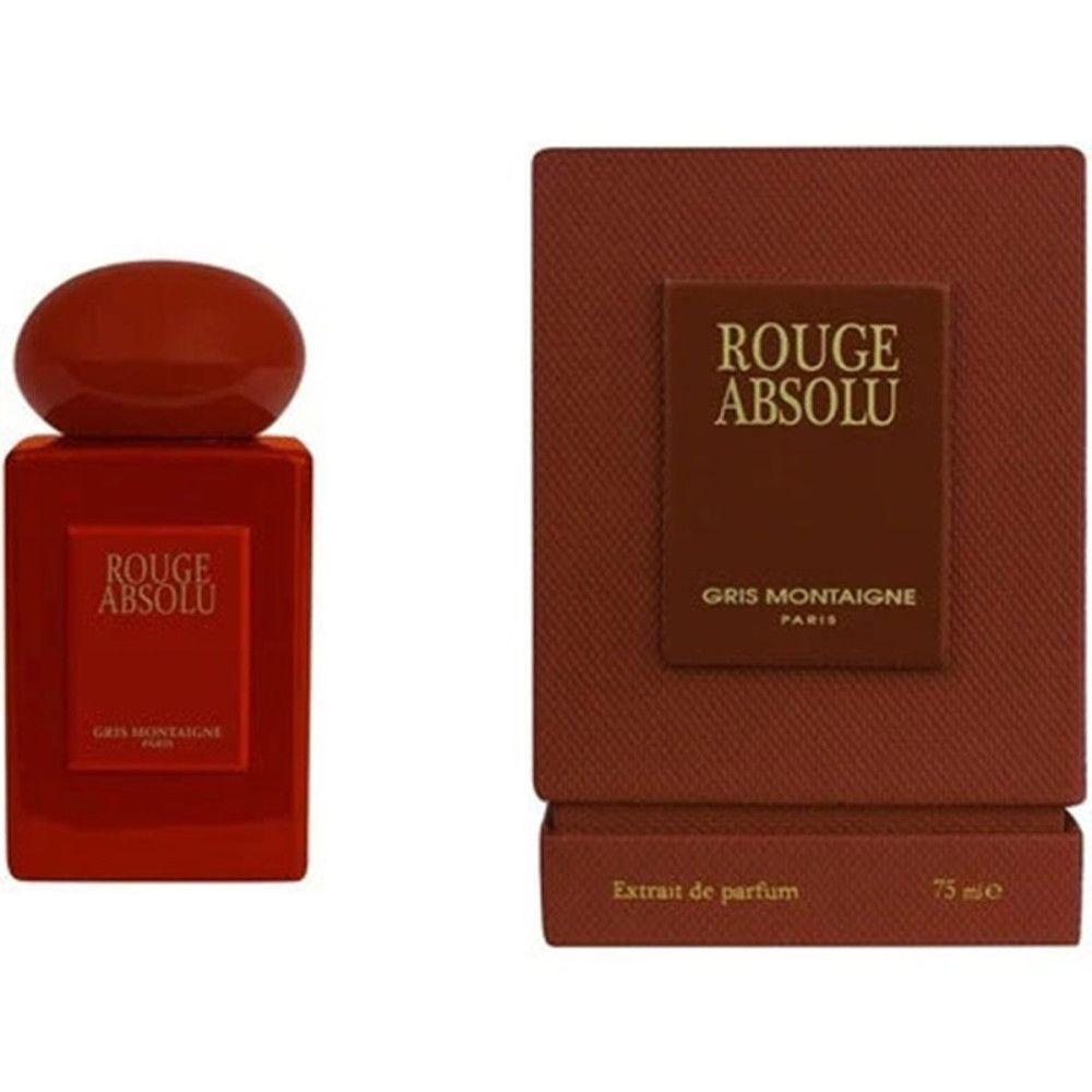 Rode fles en verpakking. Opschrift: Rouge Absolu, Gris Montaigne Paris, Extrait de parfum.