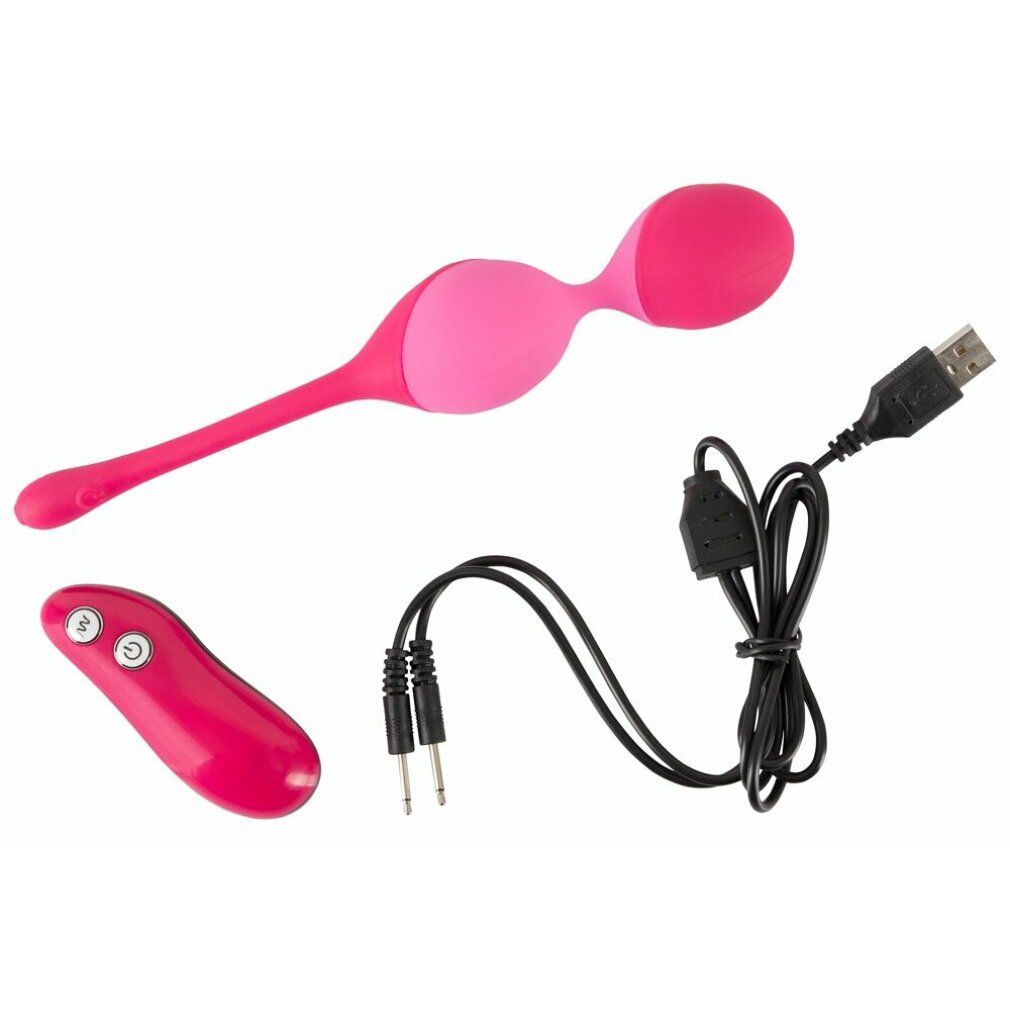 Duo de boules vibrantes roses, télécommande, câble USB et câble de charge. Produit sur fond blanc.