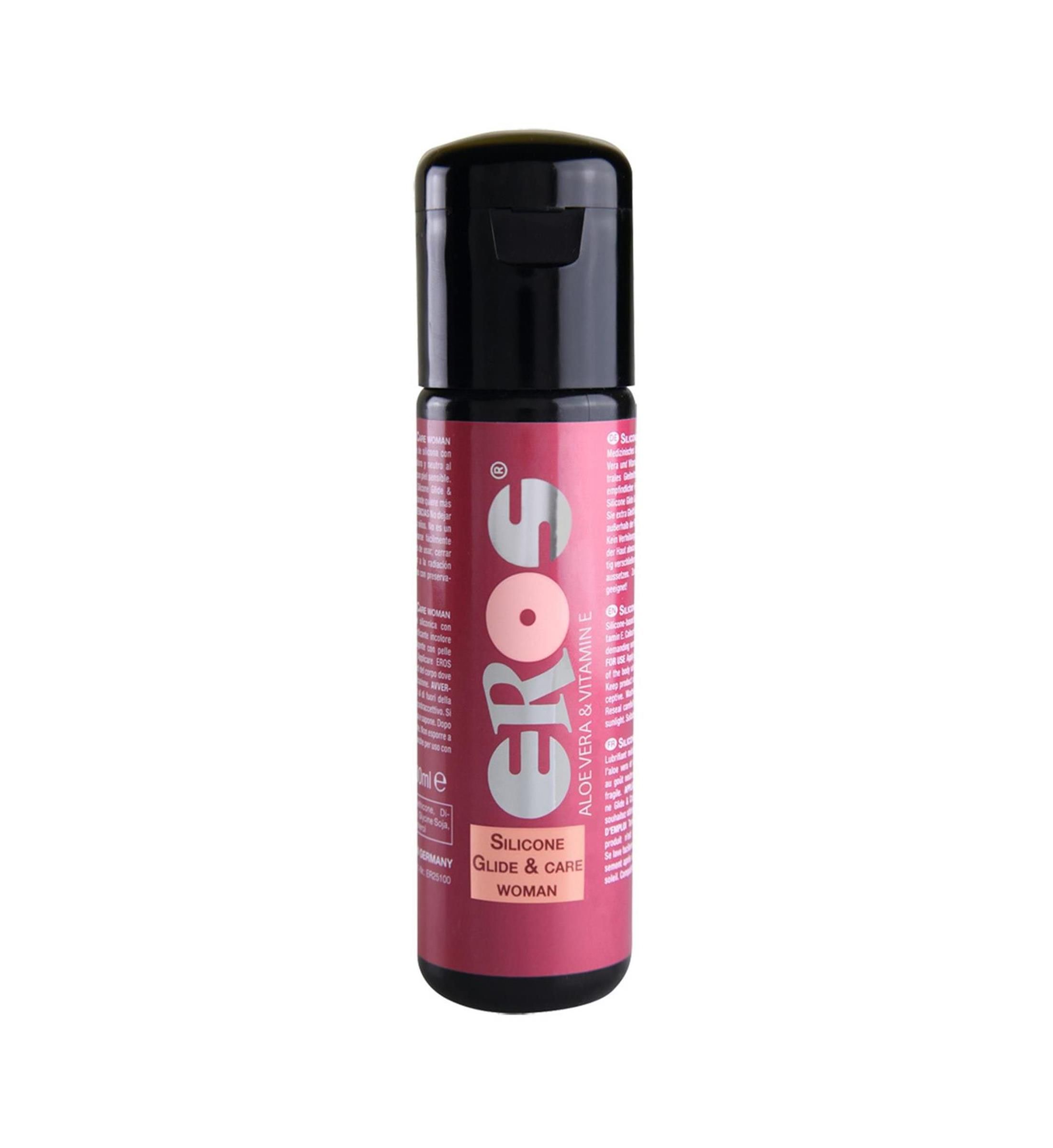 Flacon cylindrique noir et rose. Inscriptions: EROS, Silicone Glide & Care, Woman. Contient Aloe Vera & Vitamine E.