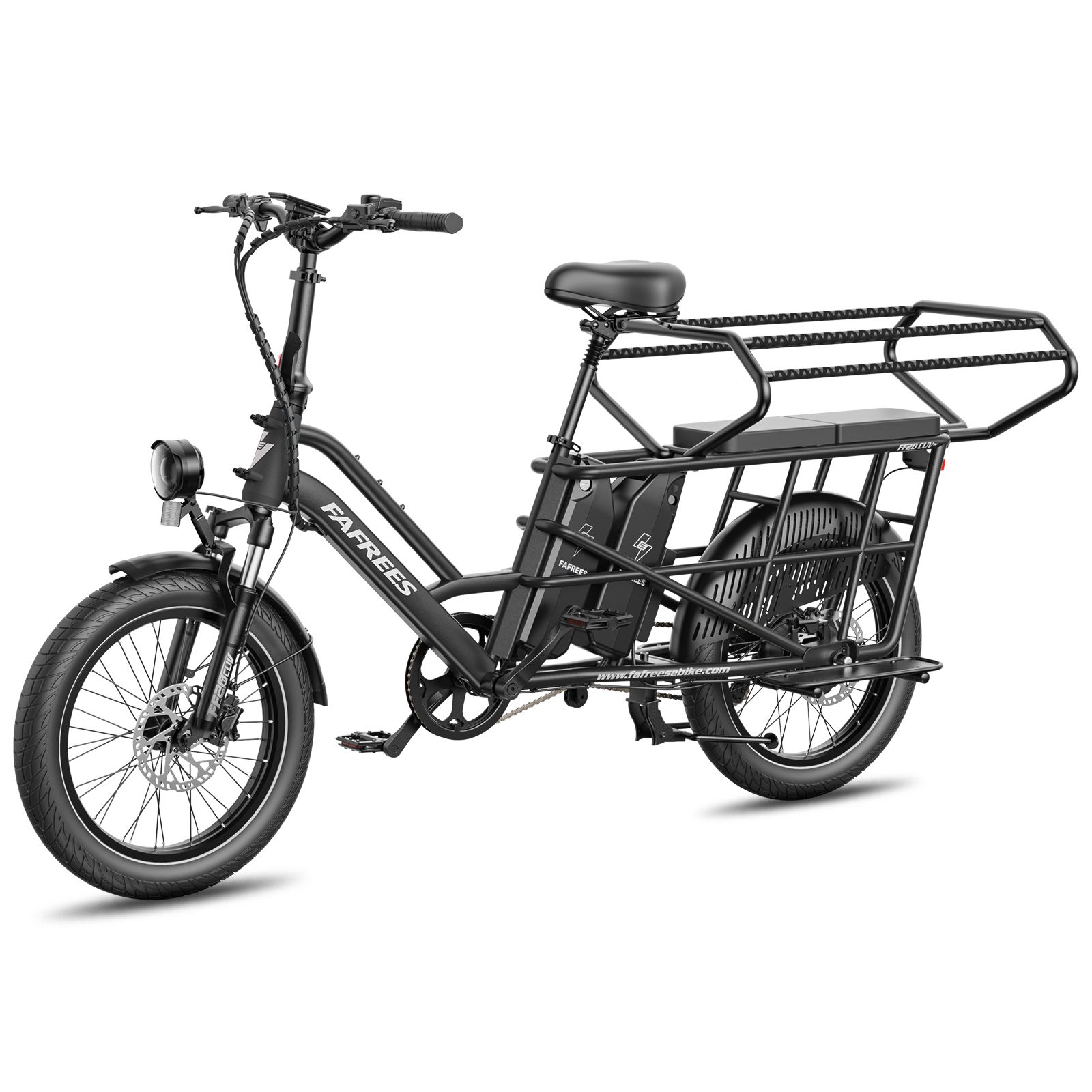Vélo électrique Fafrees FF20 CUV noir avec deux batteries et grand porte-bagages arrière.