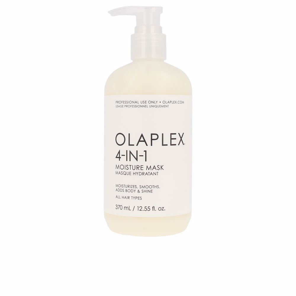 Witte fles met pomp. Opschrift: OLAPLEX 4-IN-1 MOISTURE MASK. Tekst in het Engels en Frans. Inhoud: 370 ml.