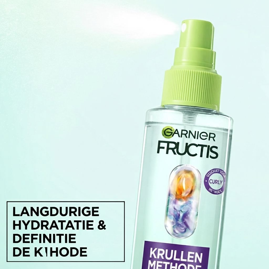 Garnier Fructis sprayfles met groene spuitdop. Bevat heldere vloeistof en een symbool voor krullend haar.