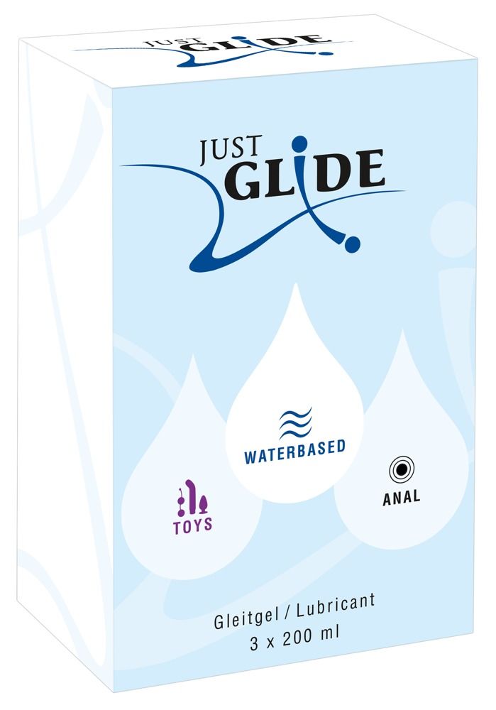 Emballage JUST GLIDE gel lubrifiant, 3x 200 ml, avec symboles Toys, Waterbased et Anal.