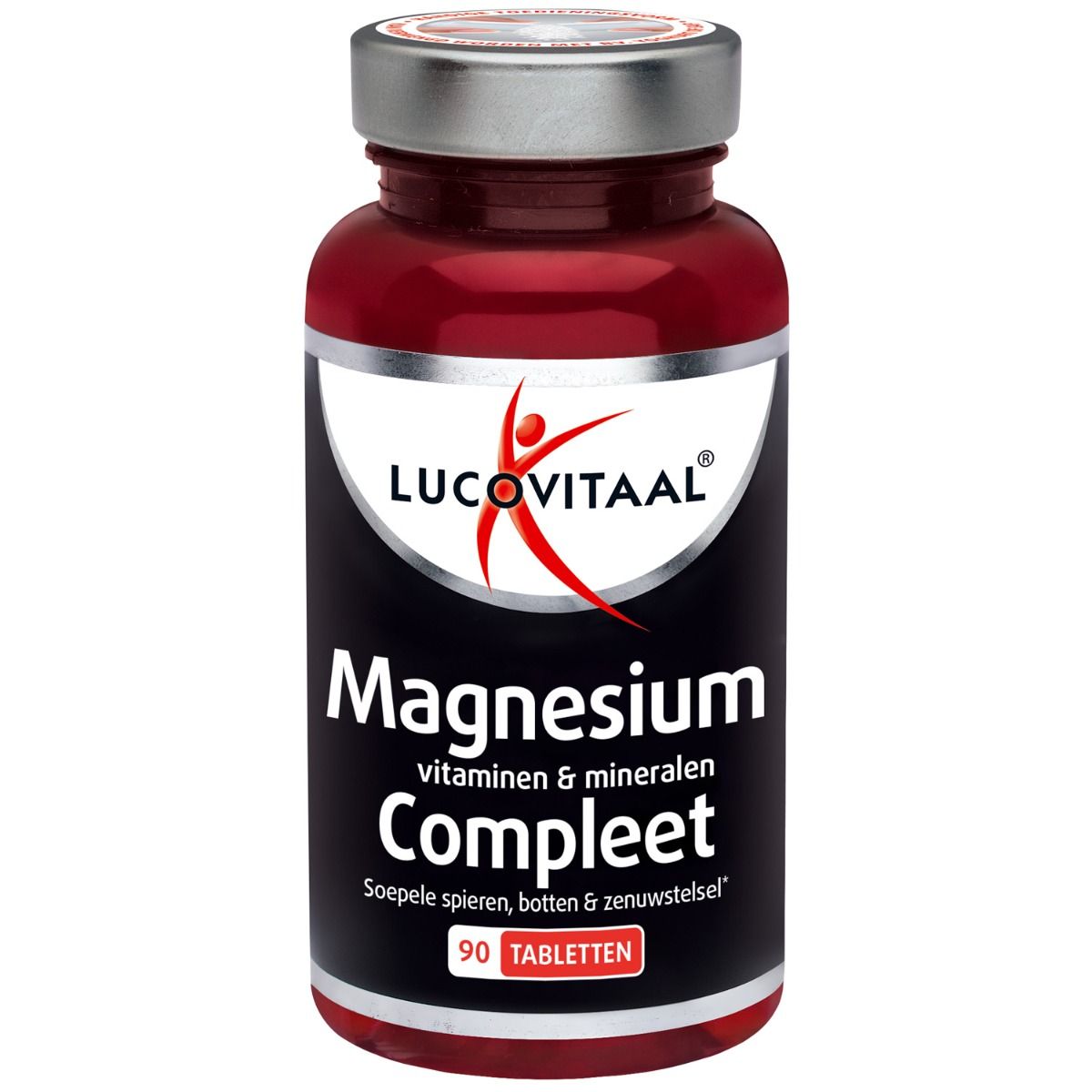 Rode fles met zilveren dop. Label met "Lucovitaal", "Magnesium Compleet" en 90 tabletten.
