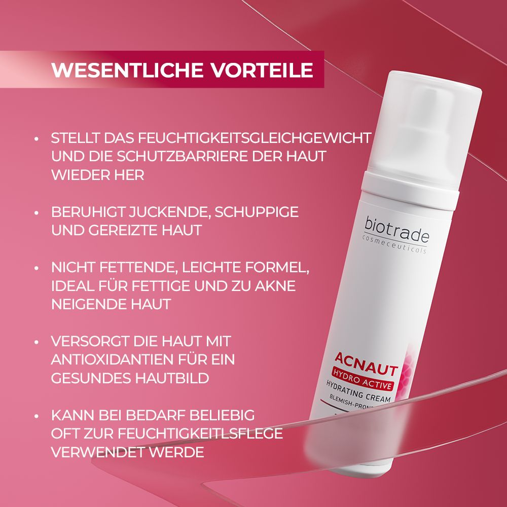 Witte fles met pomp. Tekst: Biotrade, Acnaut Hydro Active, Hydrating Cream. Roze achtergrond met tekst: Voordelen.
