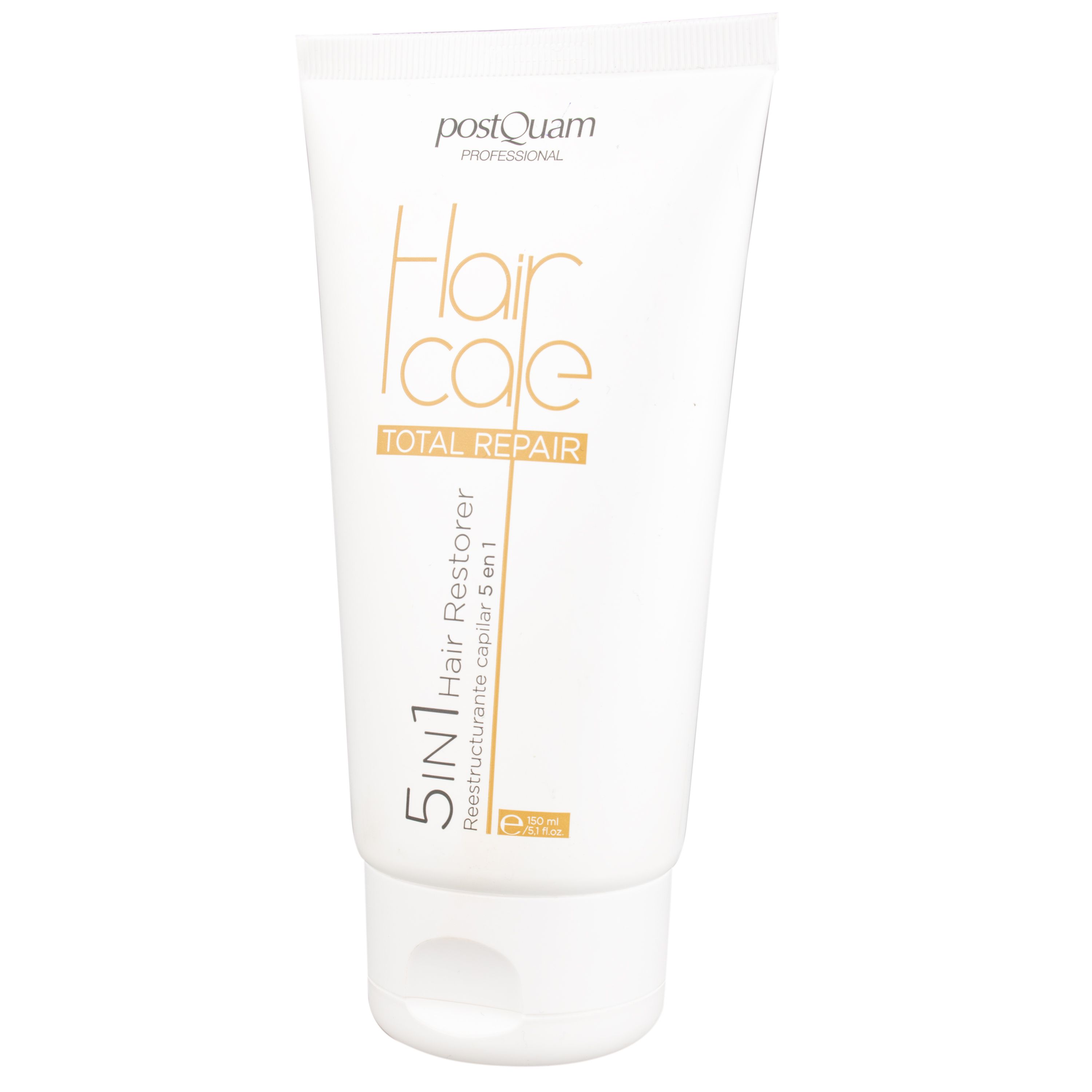 Witte tube met gouden opdruk. Tekst: Hair Care Total Repair, 5 in 1 Hair Restorer. Merk: Postquam.