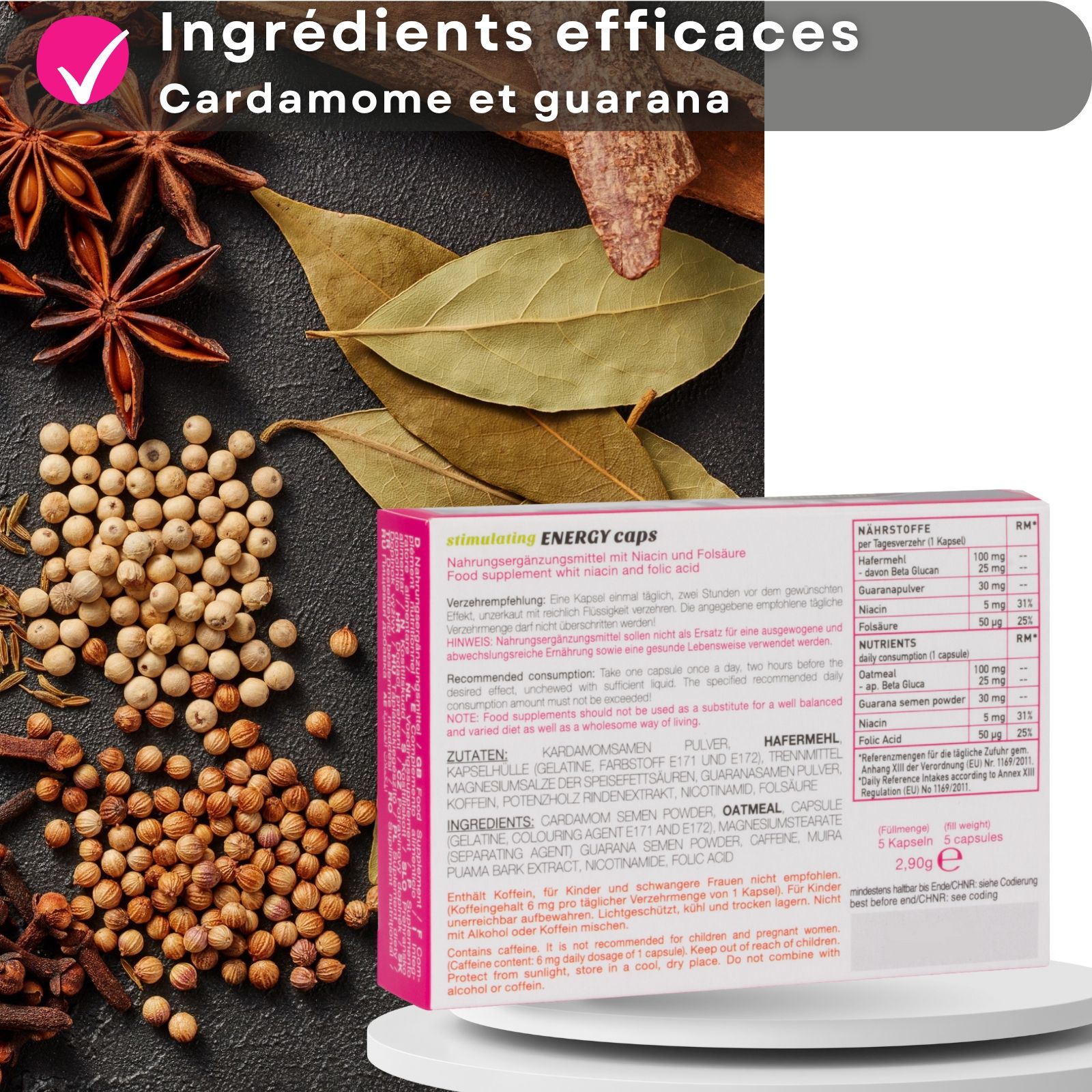 Dos de la boîte avec ingrédients et informations nutritionnelles. Texte en allemand.