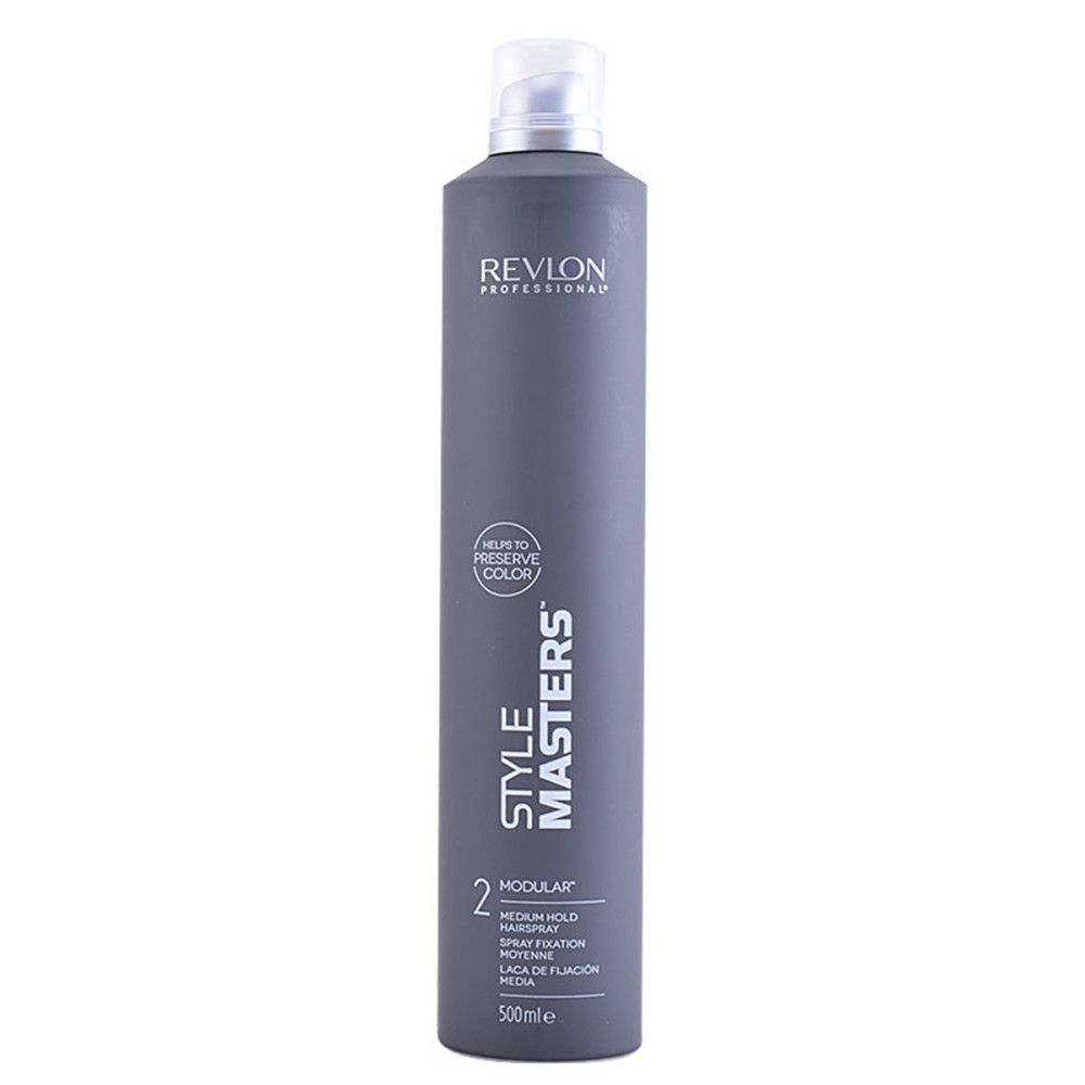 Flacon de laque gris avec bouchon blanc. Inscriptions: Revlon Professional, Style Masters, Modular 2, Medium Hold. 500ml.