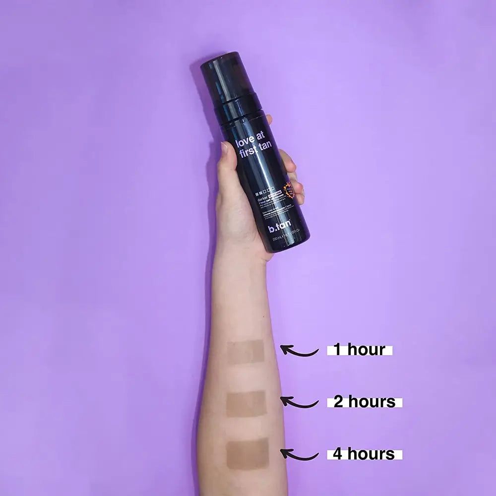 Bras avec mousse autobronzante et exemples de couleurs. Texte: 1 heure, 2 heures, 4 heures. Produit: Love at first tan, b.tan.