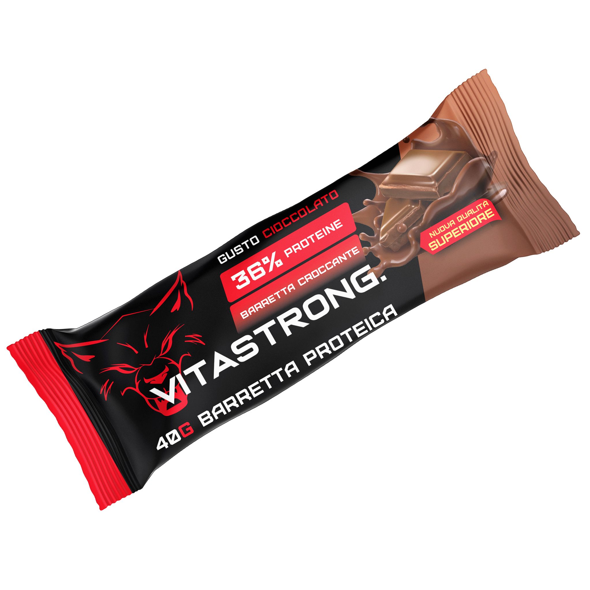 Barre chocolatée emballée. Contient 36% de protéines. Inscription: Vitastrong, 40g Barretta Proteica.