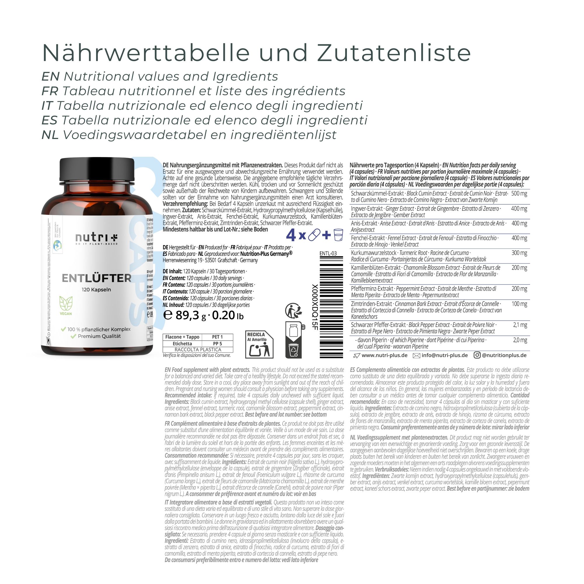 Fles met etiket en voedingswaardetabel. Toont 120 capsules, 89,3g gewicht en keurmerk voor premium kwaliteit.
