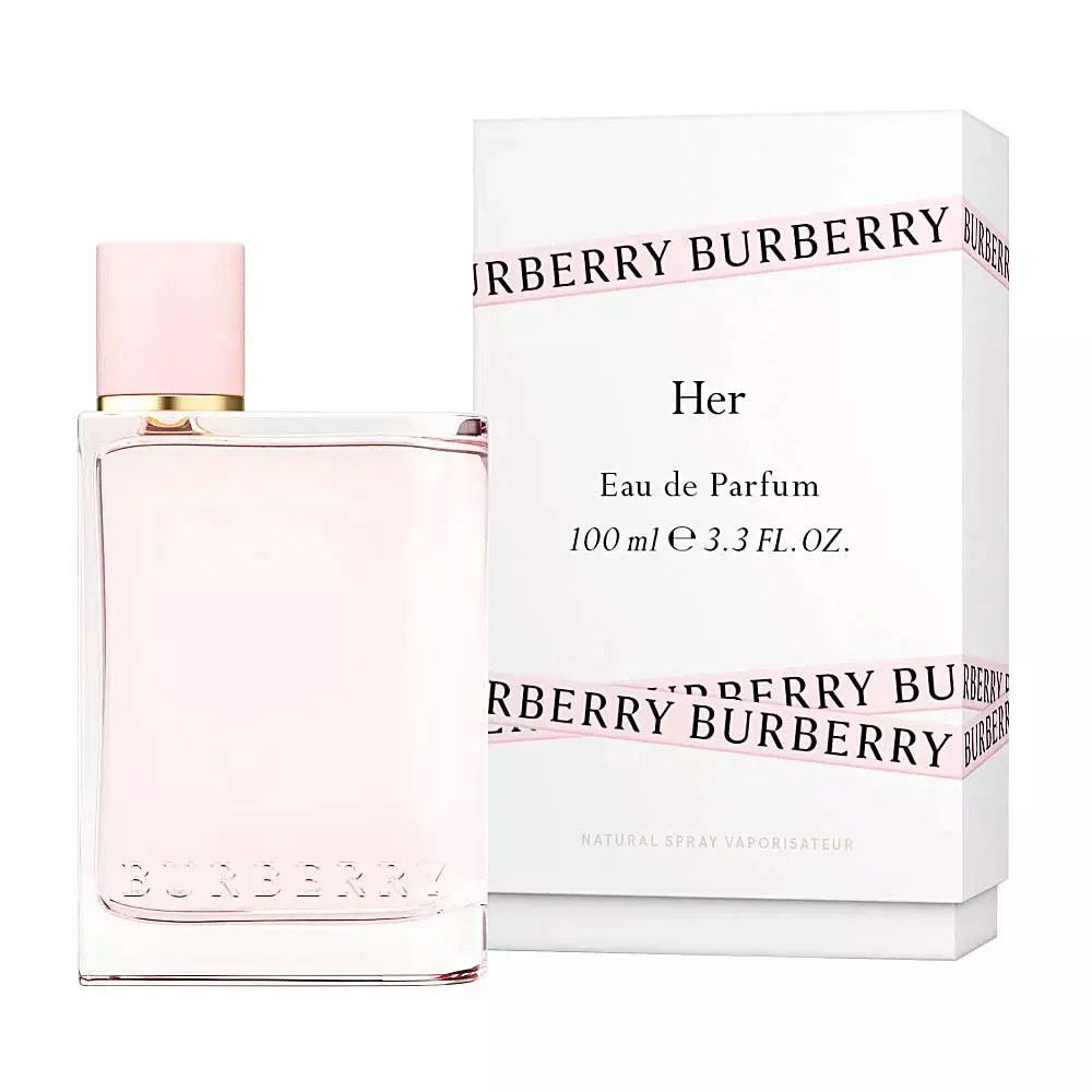 Flacon et emballage Burberry Her Eau de Parfum. Forme rectangulaire, flacon transparent, liquide rose, bouchon rose, boîte blanche.