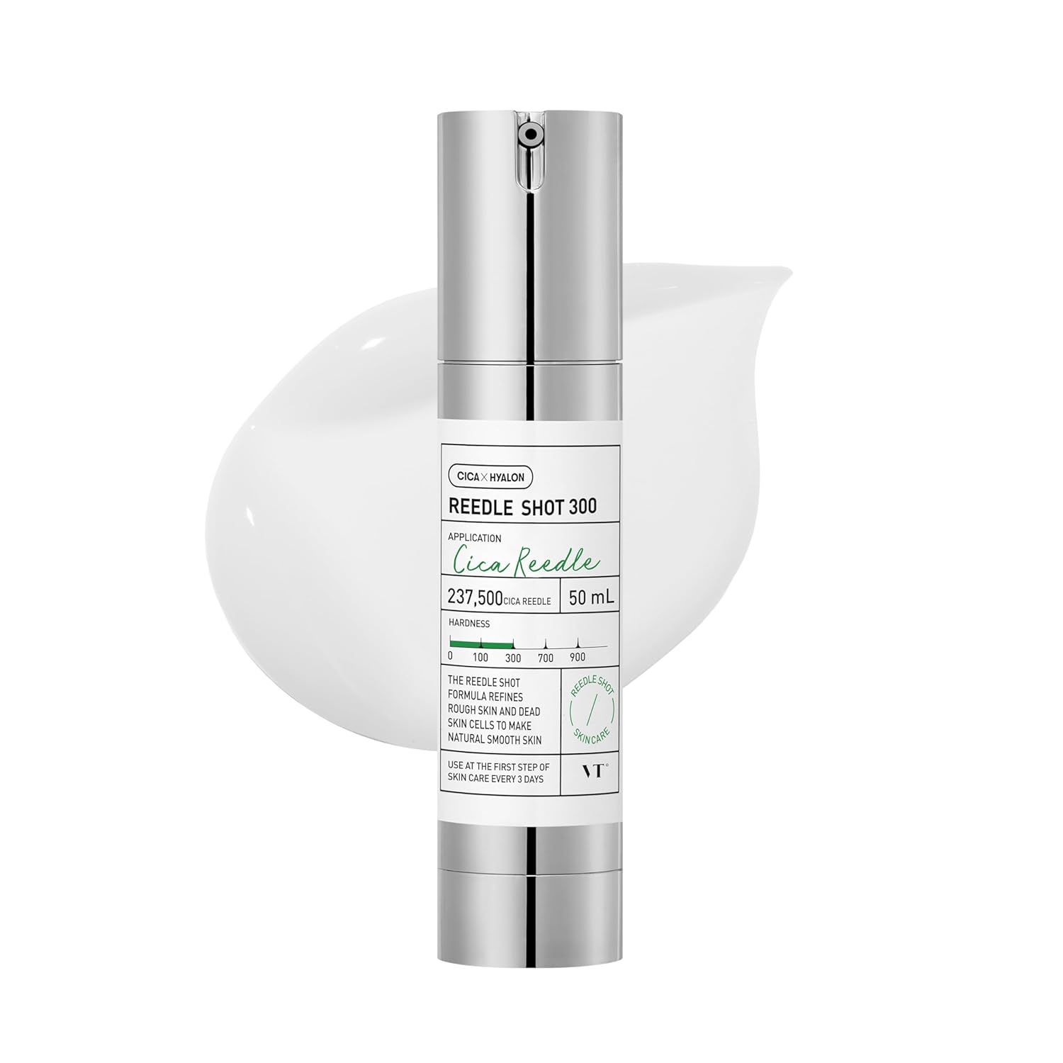 Flacon argenté avec étiquette blanche. Texte : Reedle Shot 300, Cica Reedle, 50 ml. Sur fond blanc avec produit.