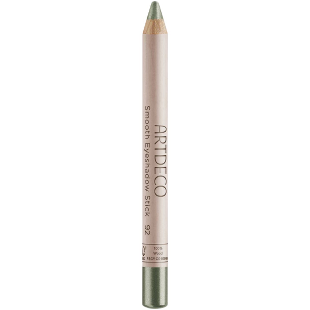 Artdeco Smooth Eyeshadow Stick, kleur 92. Potloodvorm, lichtbruin met groen uiteinde. Tekst: 100% Wood, FSC-C010996.