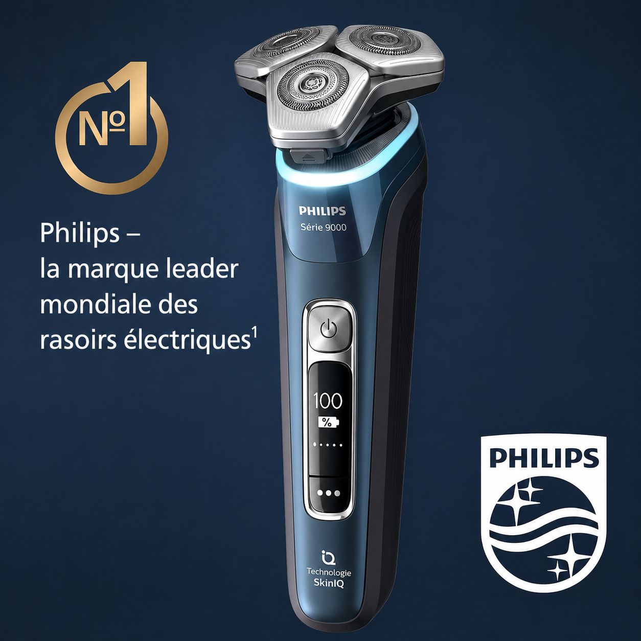 Rasoir électrique Philips Série 9000 bleu avec trois têtes de rasage et écran numérique.