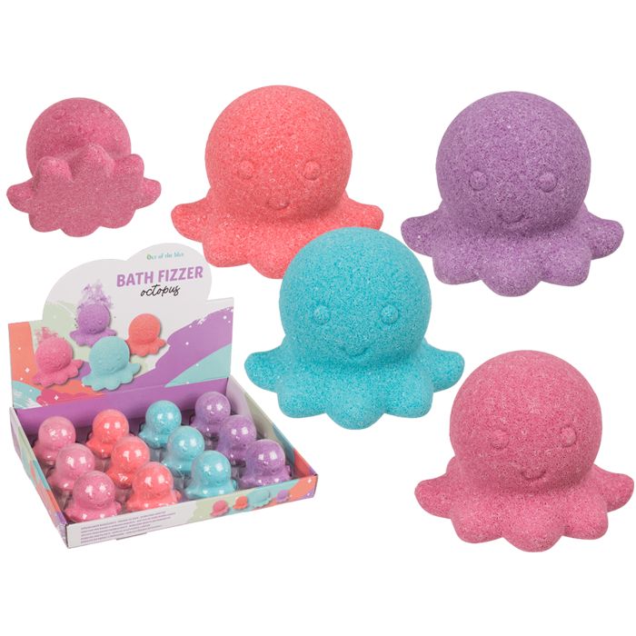 Verschillende octopus badbruisballen in verschillende kleuren. Een displaydoos met octopus badbruisballen. "Out of the blue" en "Bath Fizzer octopus".