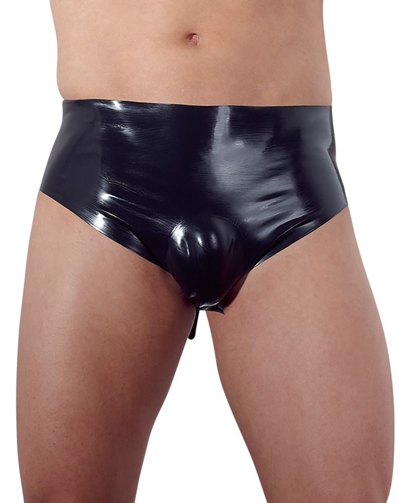 Zwarte latex slip voor heren, met voorste zak en ritssluiting.