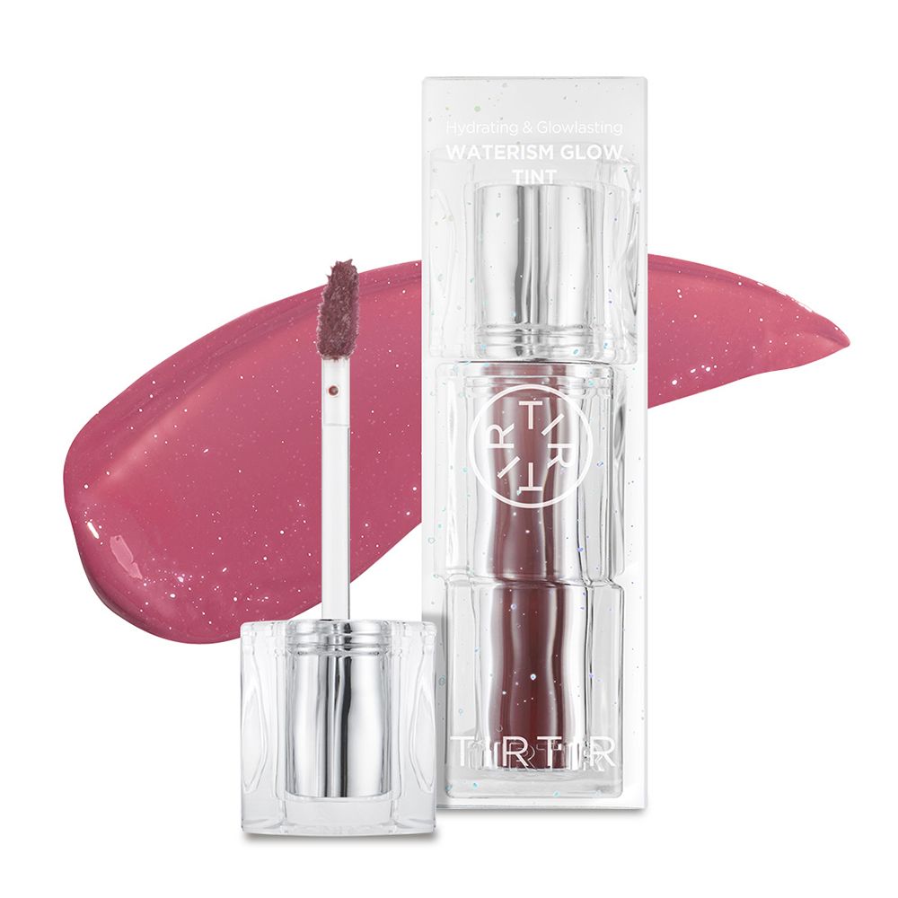 TIRTIR Waterism Glow Tint 01 Mauve Rose rouge à lèvres avec applicateur et swatch.
