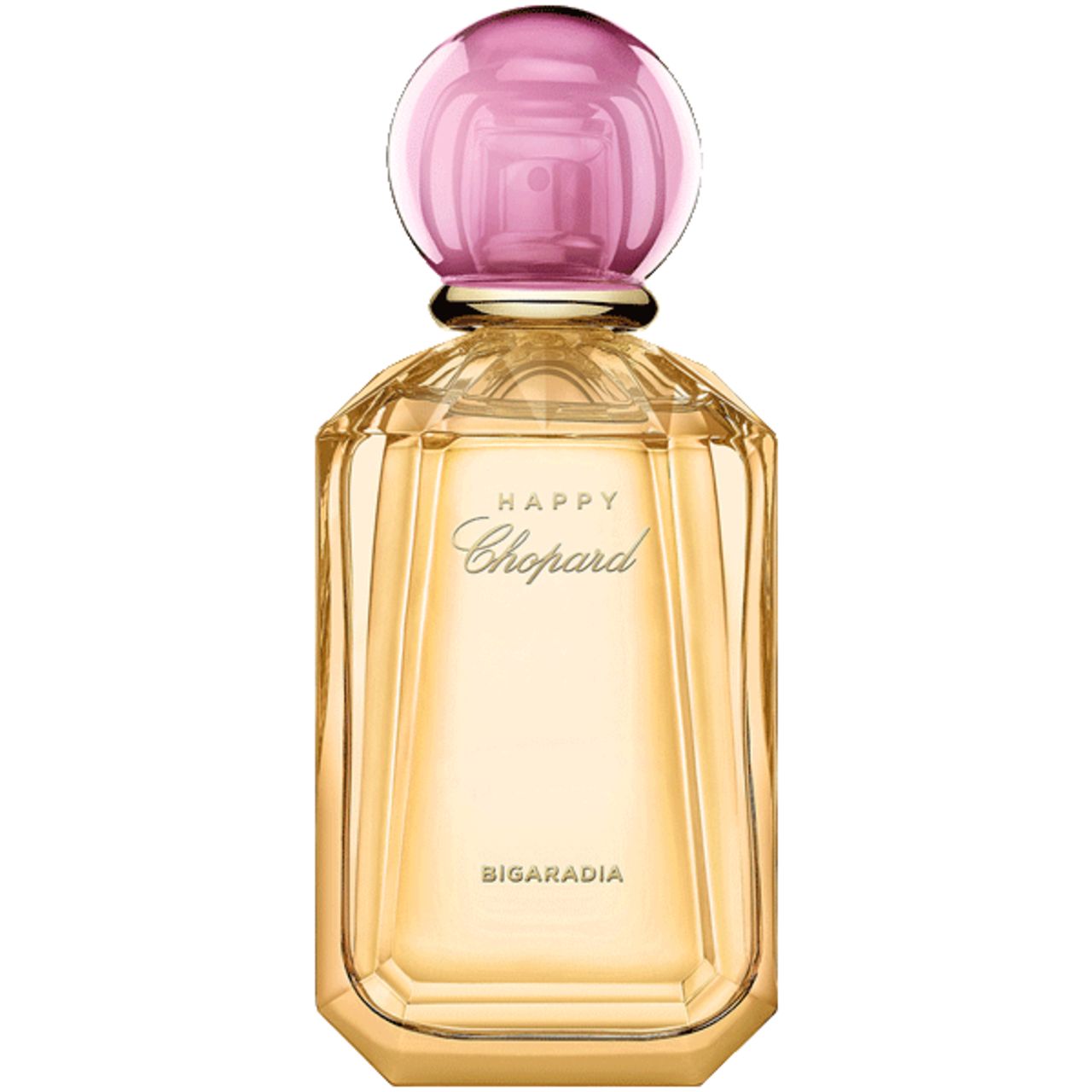 Parfumfles met roze dop en goudkleurig glas. Opschrift Happy Chopard en Bigaradia.