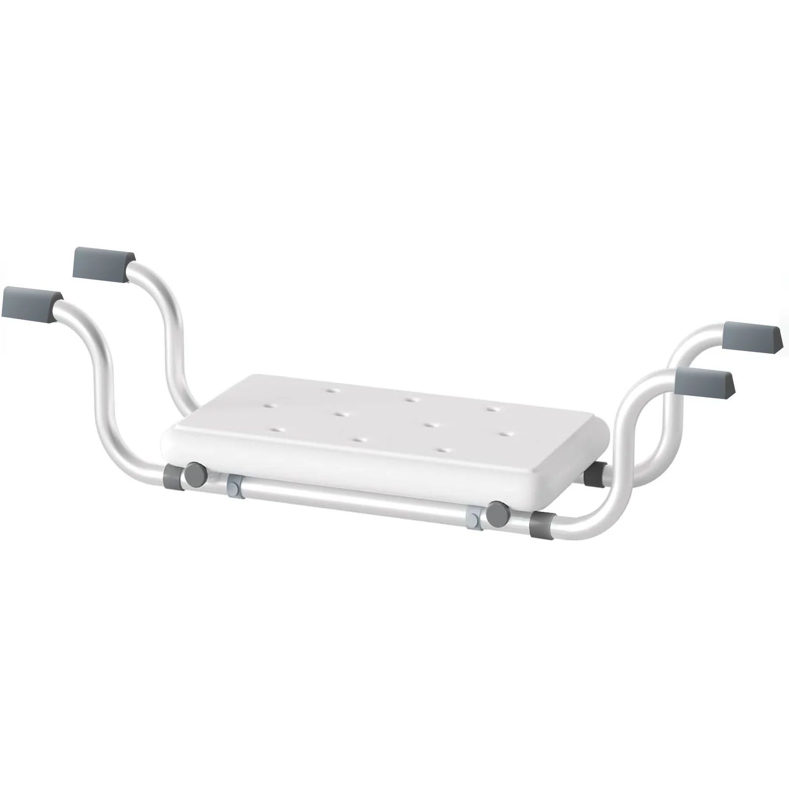 Badzitje met handgrepen. Witte zitting, zilverkleurig frame, grijze handgrepen. Voor in bad.