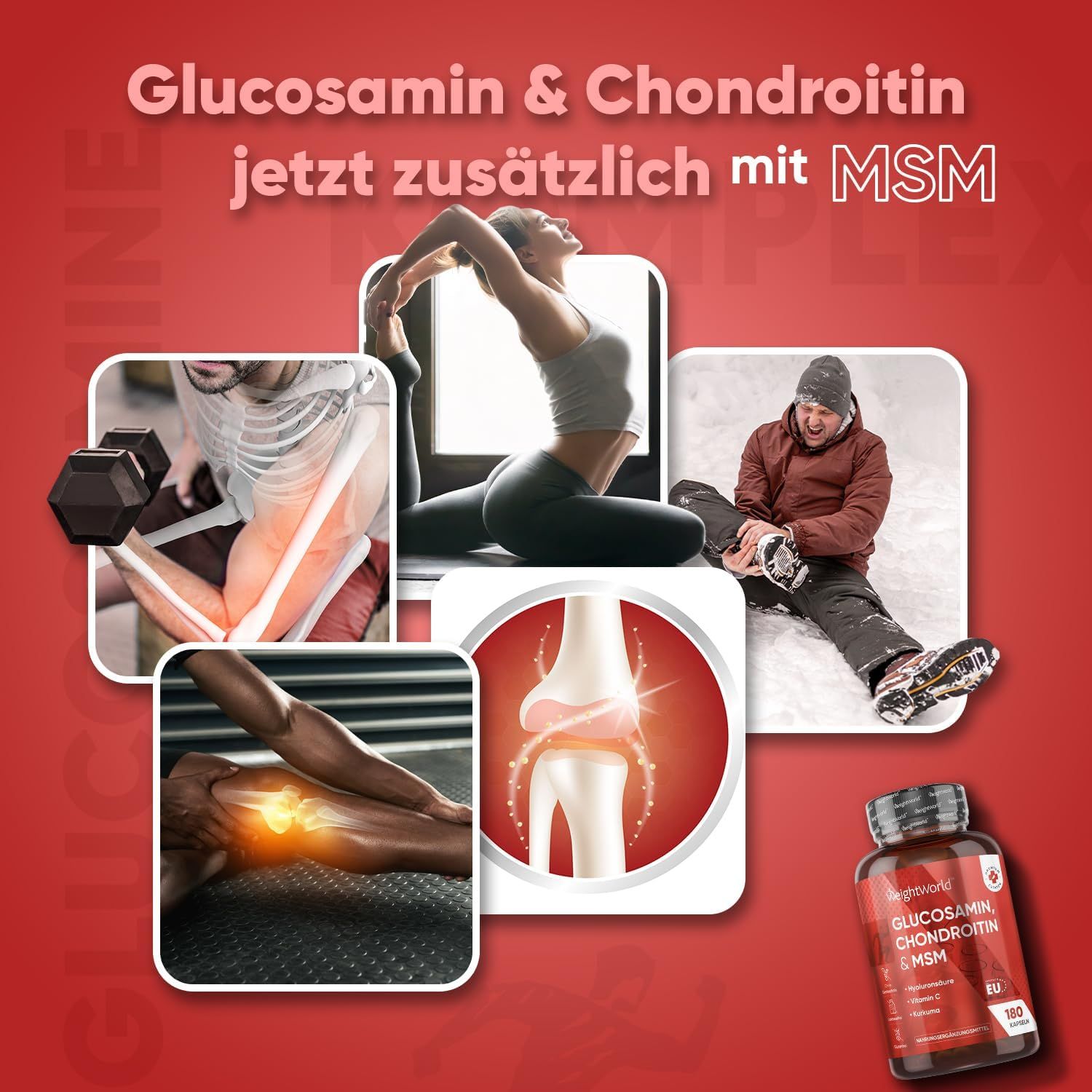Reclamebeeld met afbeeldingen van gewrichten en sport. Een flesje met capsules is afgebeeld. Tekst: Glucosamine & Chondroïtine met MSM.