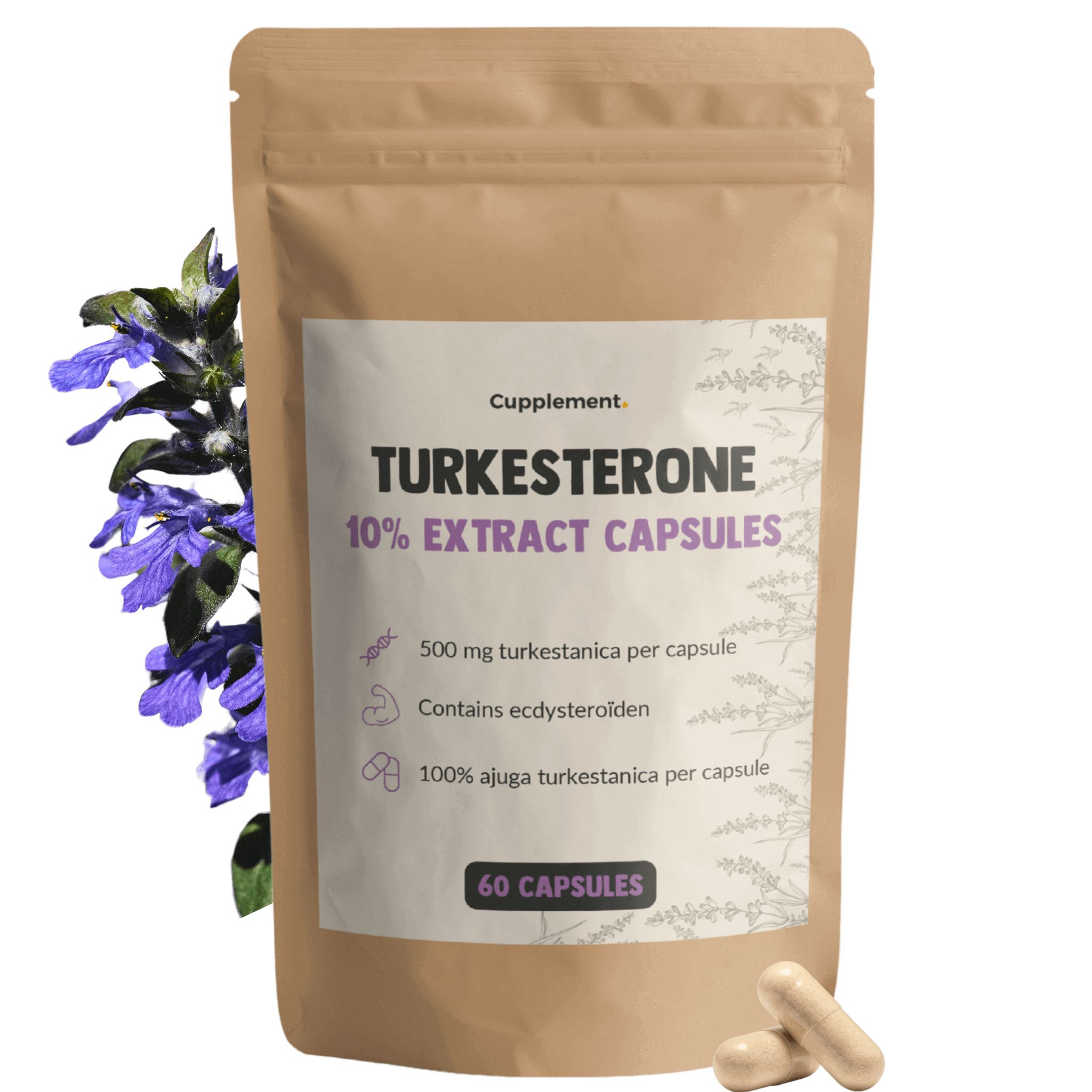 Zakje met capsules. Opschrift: Turkesterone 10:1 Extract Capsules. 60 capsules. 500 mg extract per capsule. Met paarse bloemen.