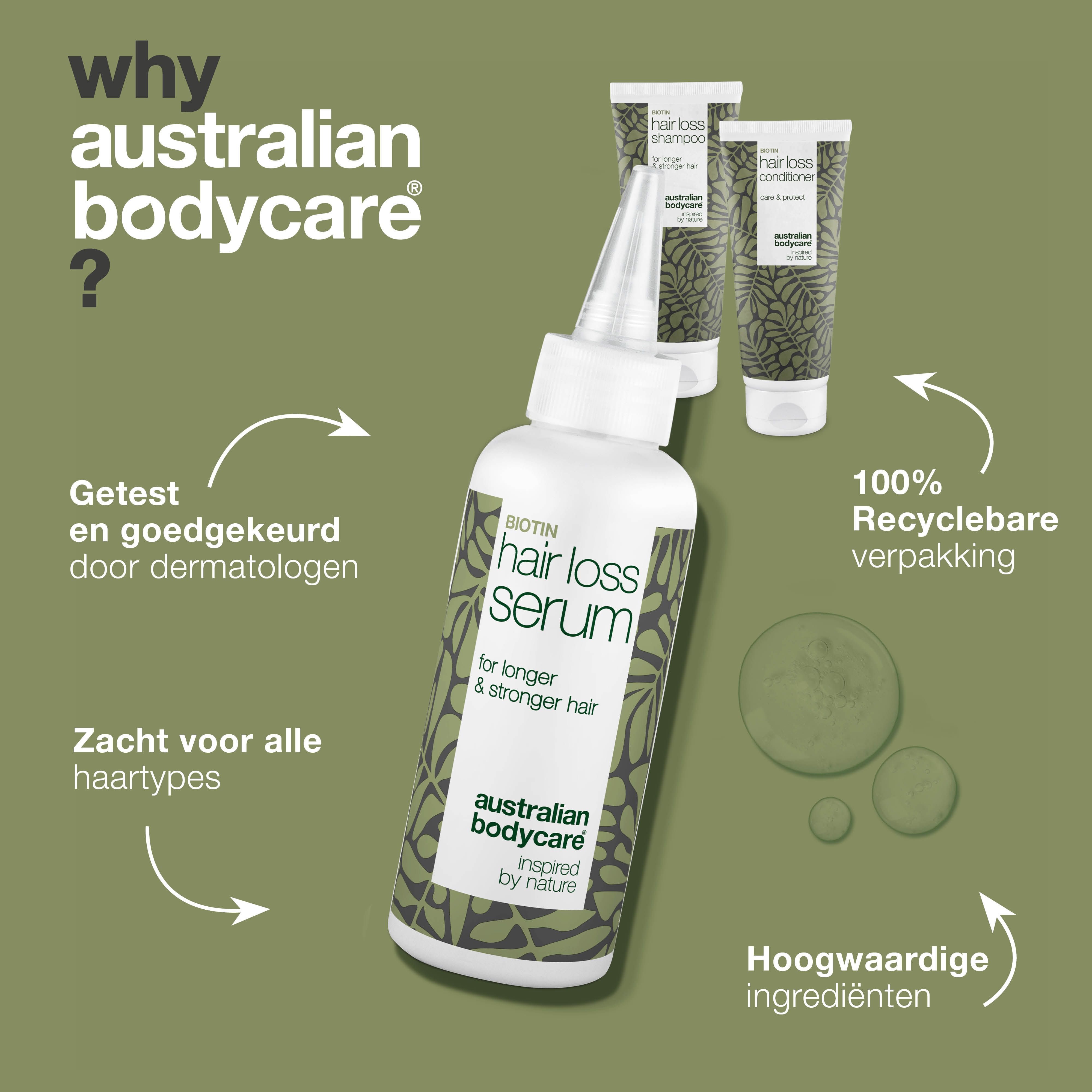 Een fles serum en twee producten op de achtergrond. Logo van Australian Bodycare. Tekst en groene bladeren.