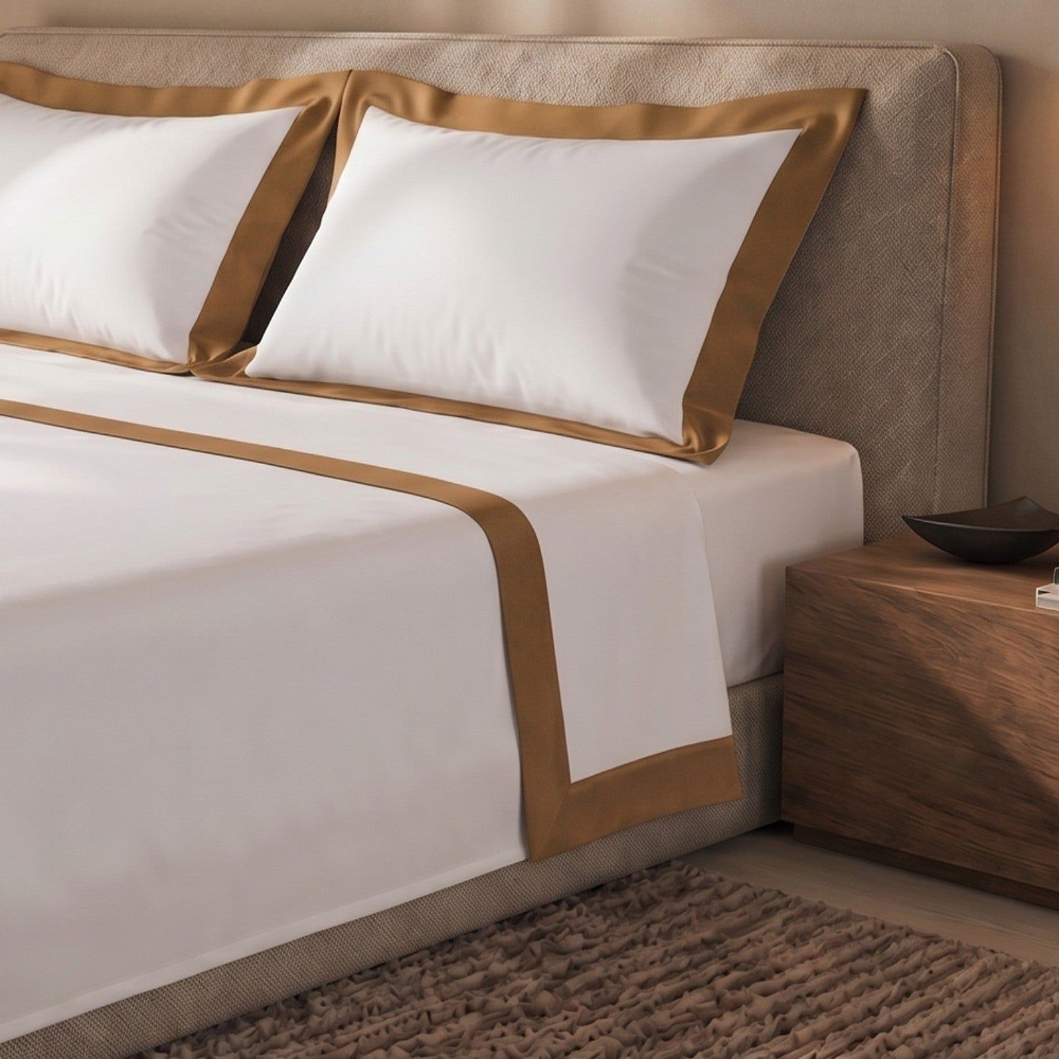 The White Stone Lakenset Eenpersoons 100% Katoen met Decoratieve Satijnen Rand Beige