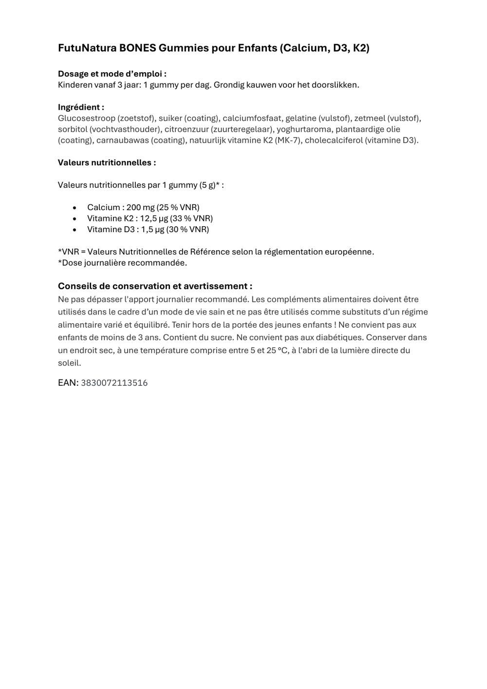 Document texte avec informations sur FutuNatura Bones Gummies pour enfants. Contient valeurs nutritionnelles et avertissements.