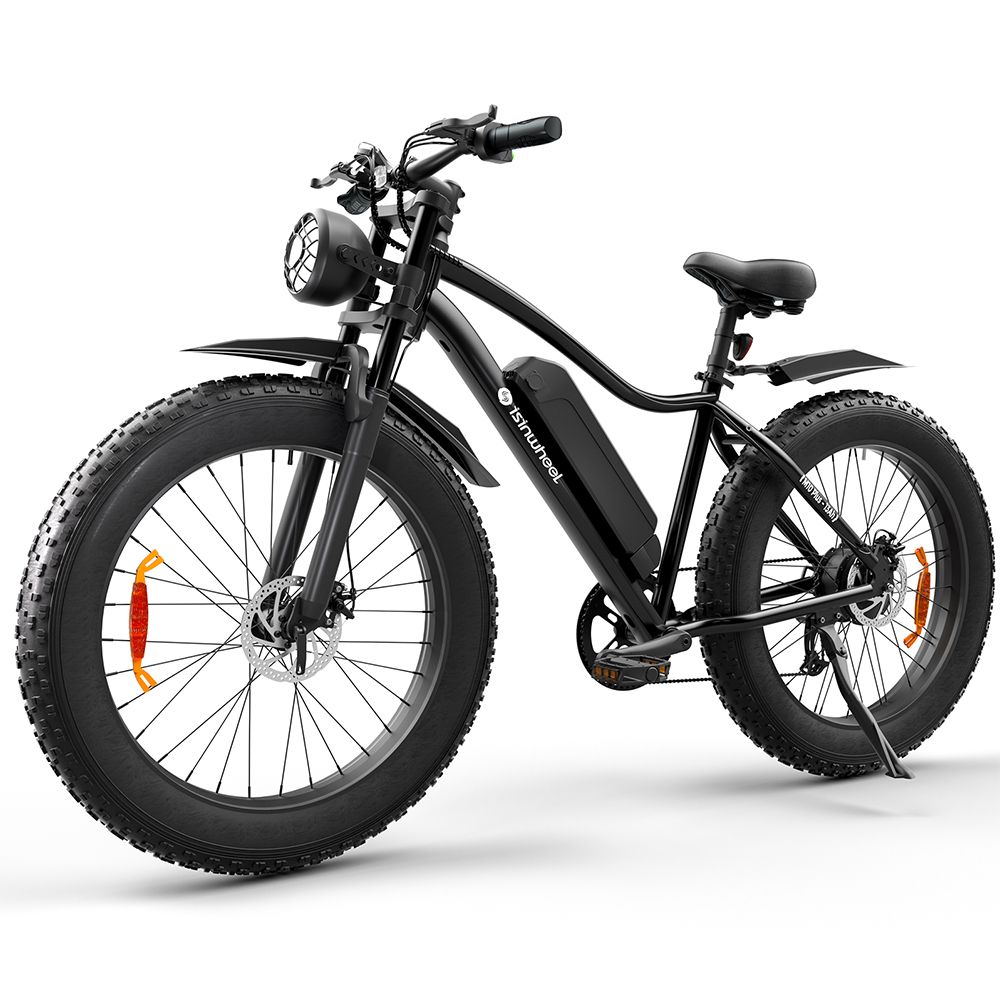 Vélo électrique noir avec pneus larges, garde-boue et phare. Marque : isinwheel.