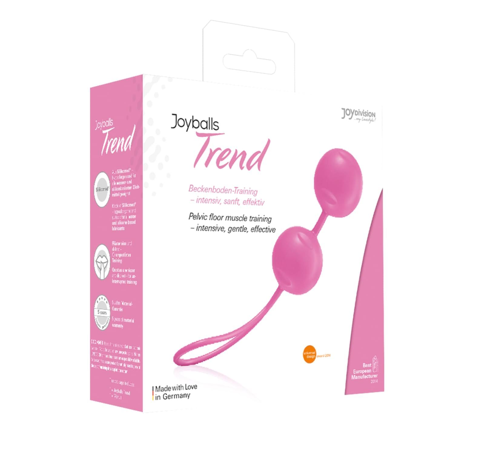 Emballage Joyballs Trend : boîte rose avec image du produit et texte.