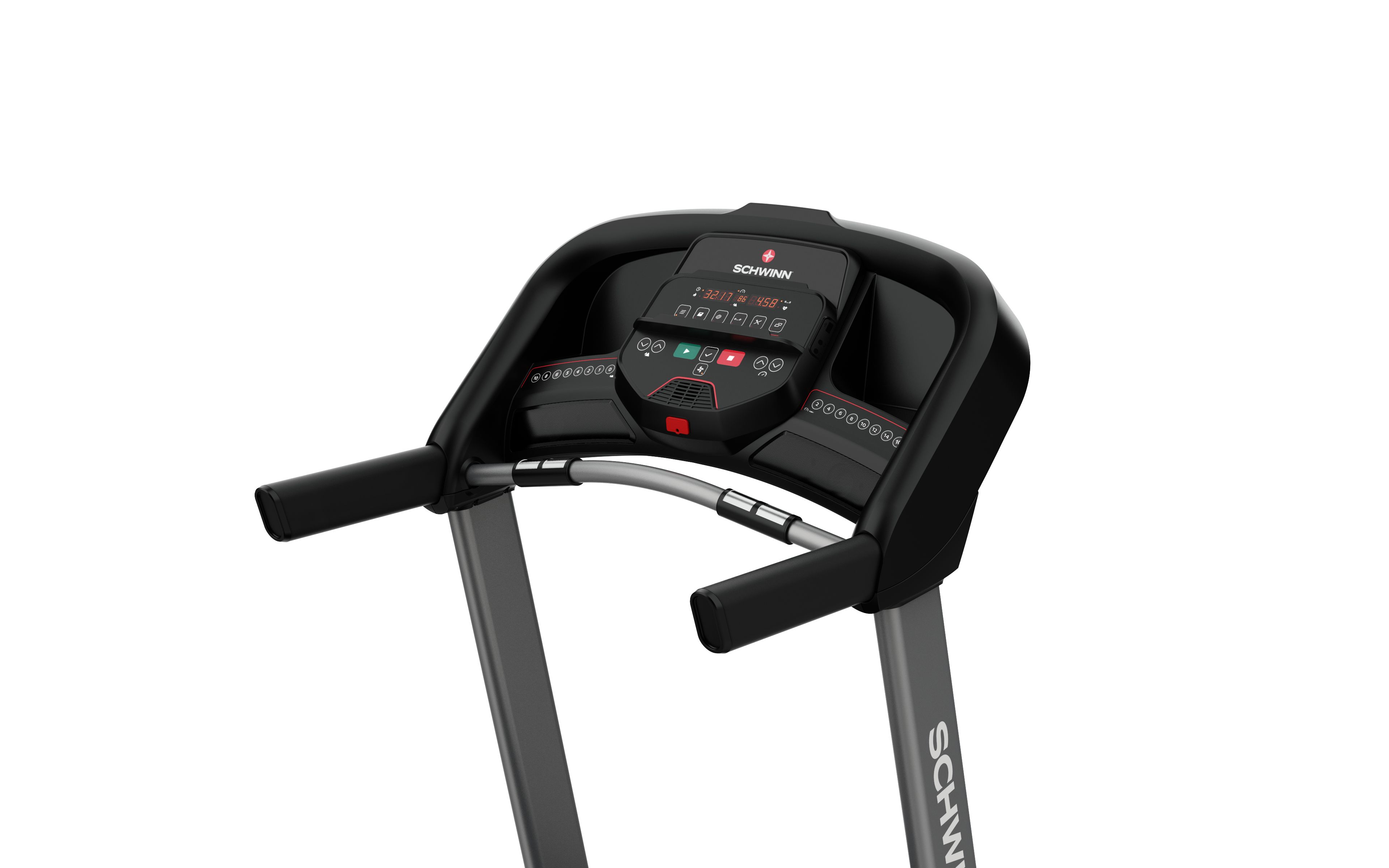 Close-up van de console van een loopband. Zwart bedieningspaneel met display en knoppen. Schwinn-logo.