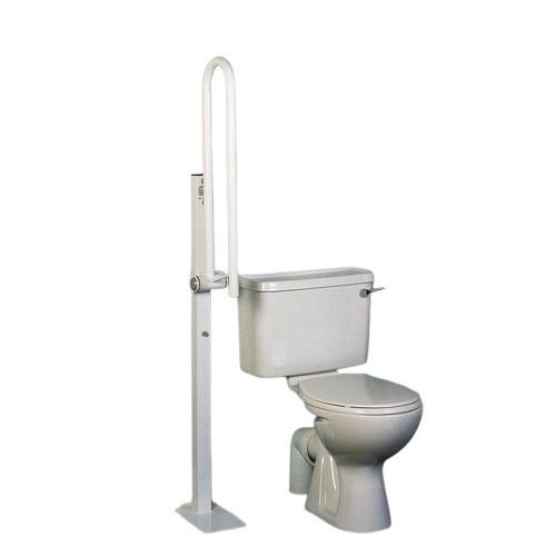 Opklapbare beugel met toiletpapierhouder op verstelbare kolom. Wit metaal, naast een toilet.