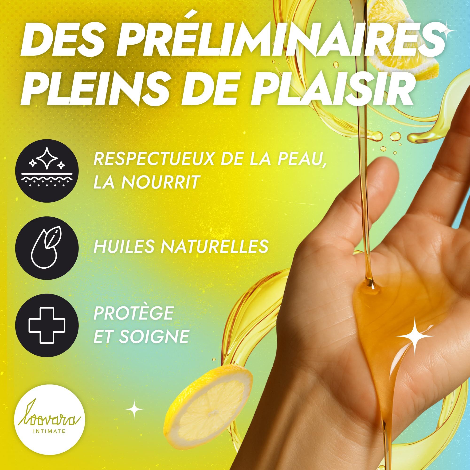 Main avec huile de massage Loovara Lemon Squeeze, entourée d'éclaboussures d'huile et de citrons.