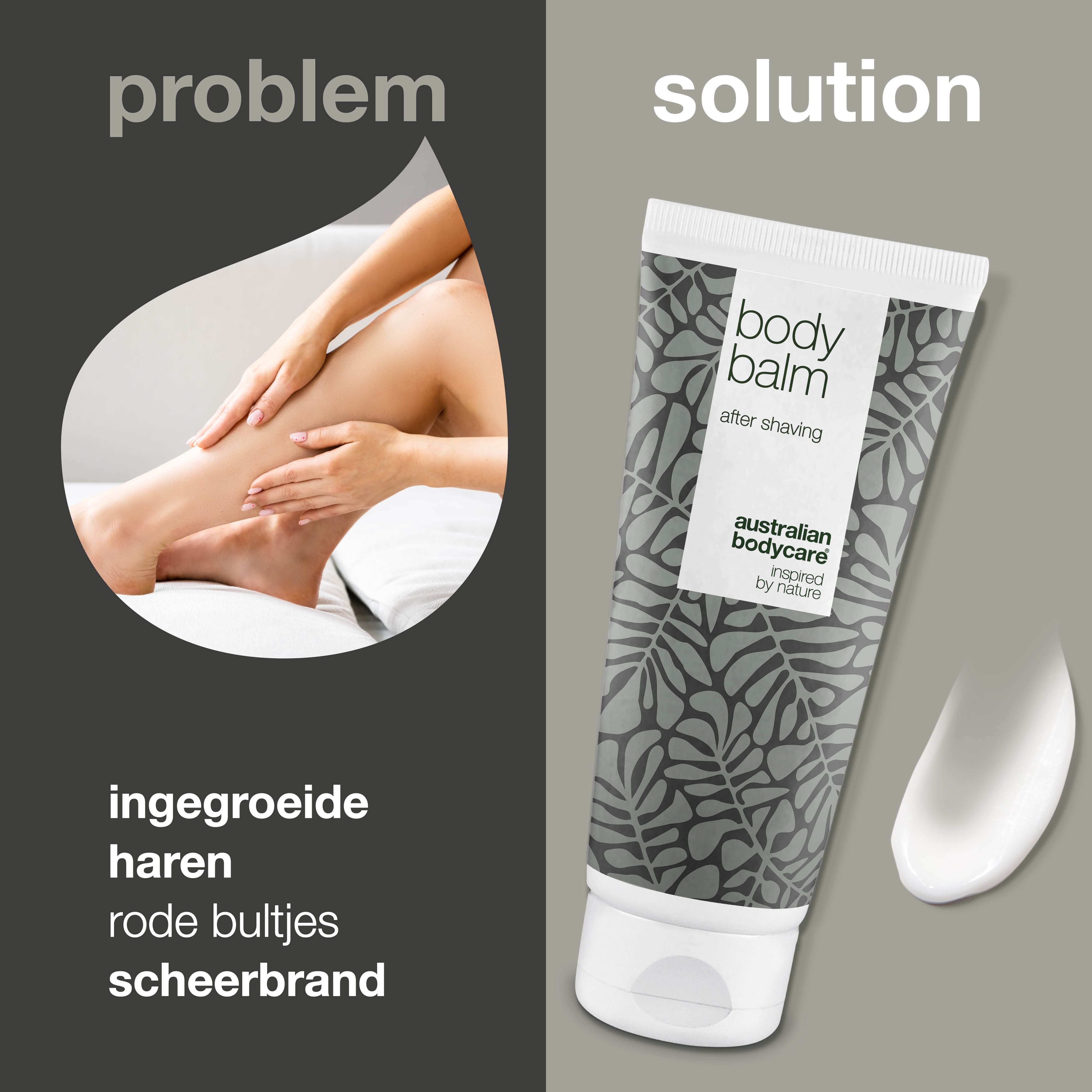 Tube aftershavebalsem met tekst. Opschrift: Body Balm, After Shaving, Australian Bodycare, geïnspireerd door de natuur.
