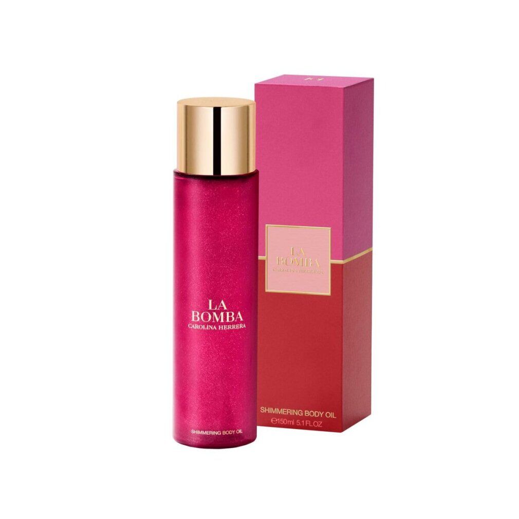 Rode fles met gouden dop en verpakking. Opschrift: LA BOMBA CAROLINA HERRERA. Tekst: SHIMMERING BODY OIL.